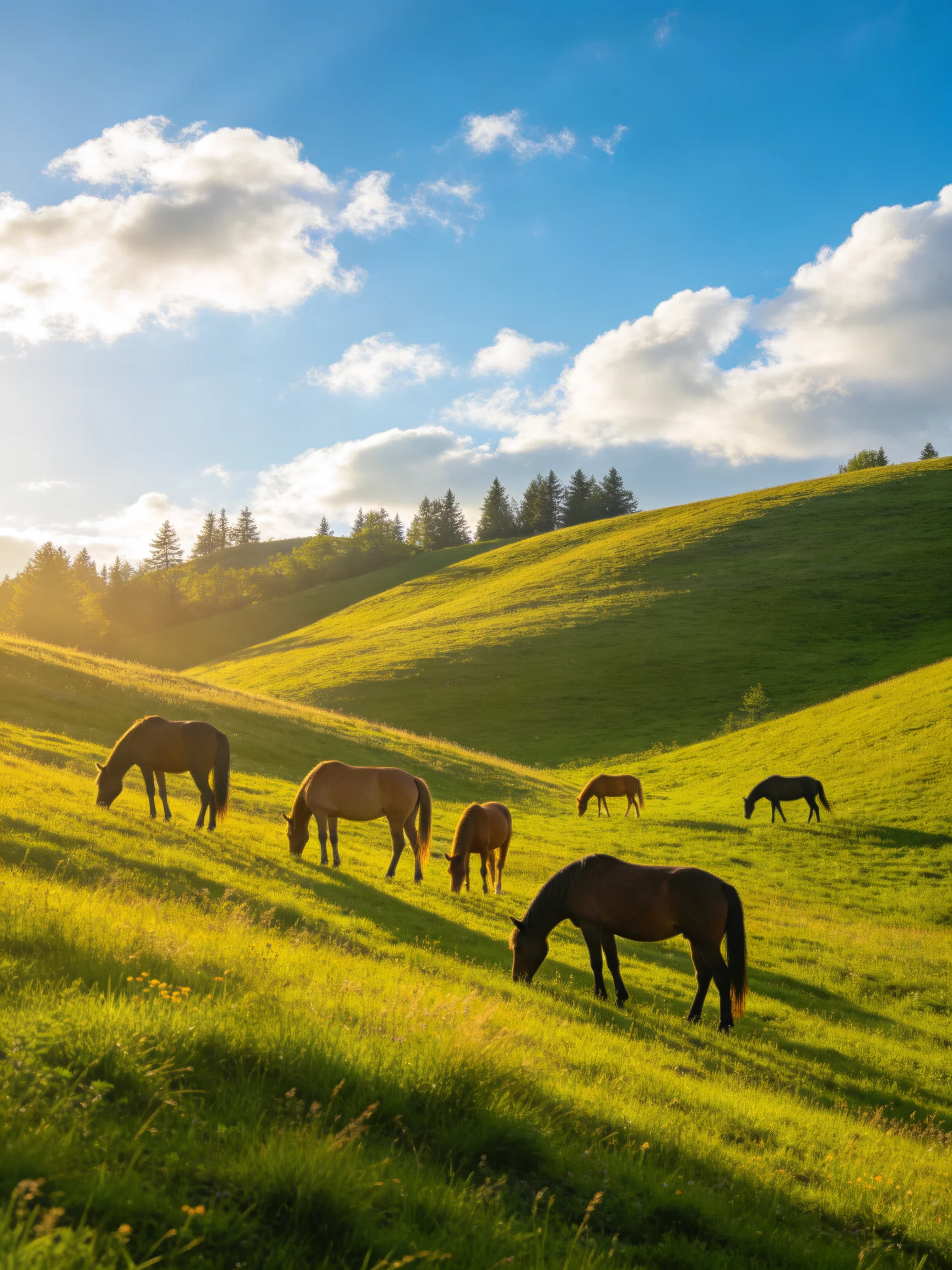 Six horses graze on sunlit green rolling hills under blue sky