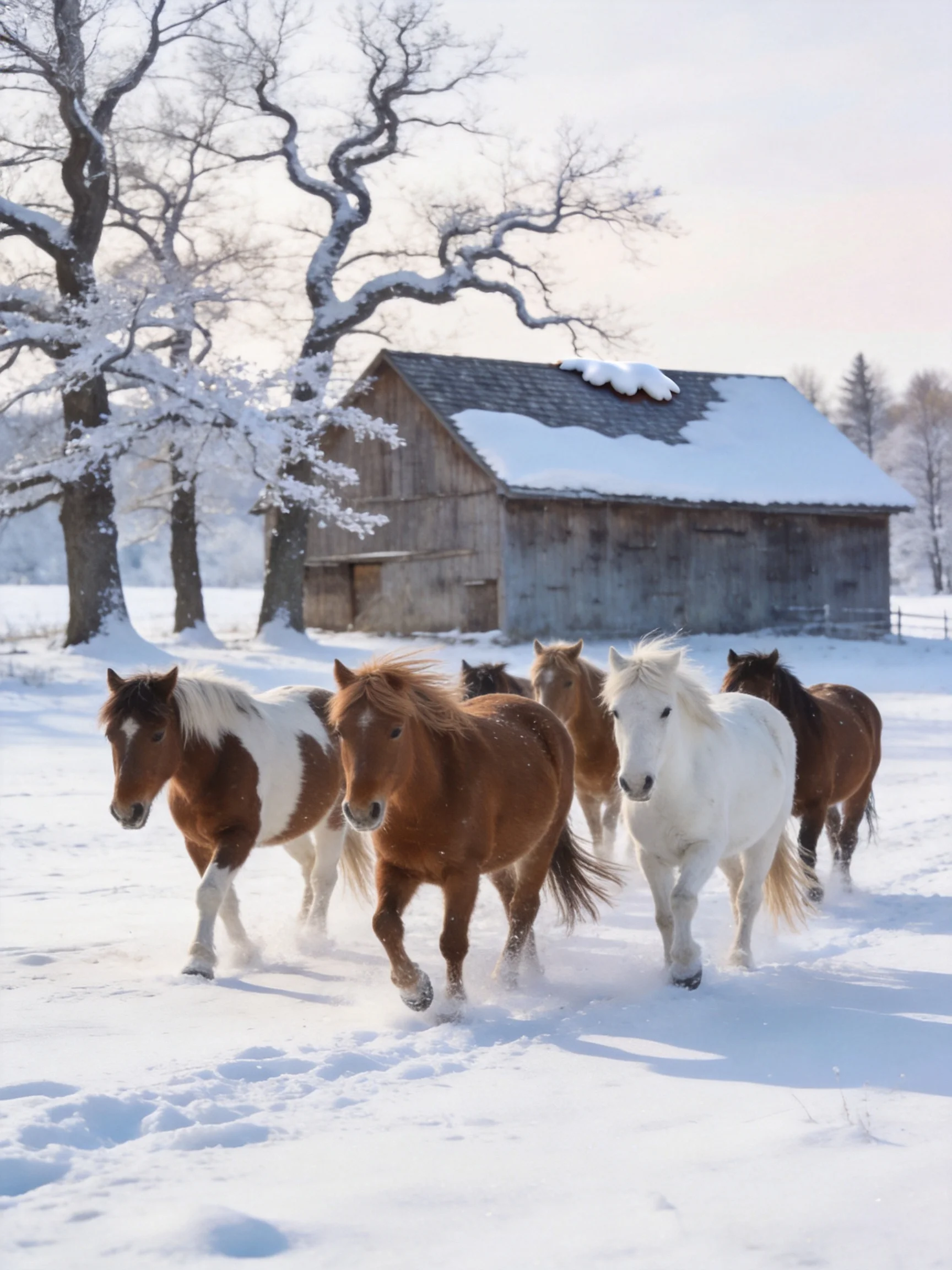 Six horses in brown, white, tan run through a snow-covered farm with a barn