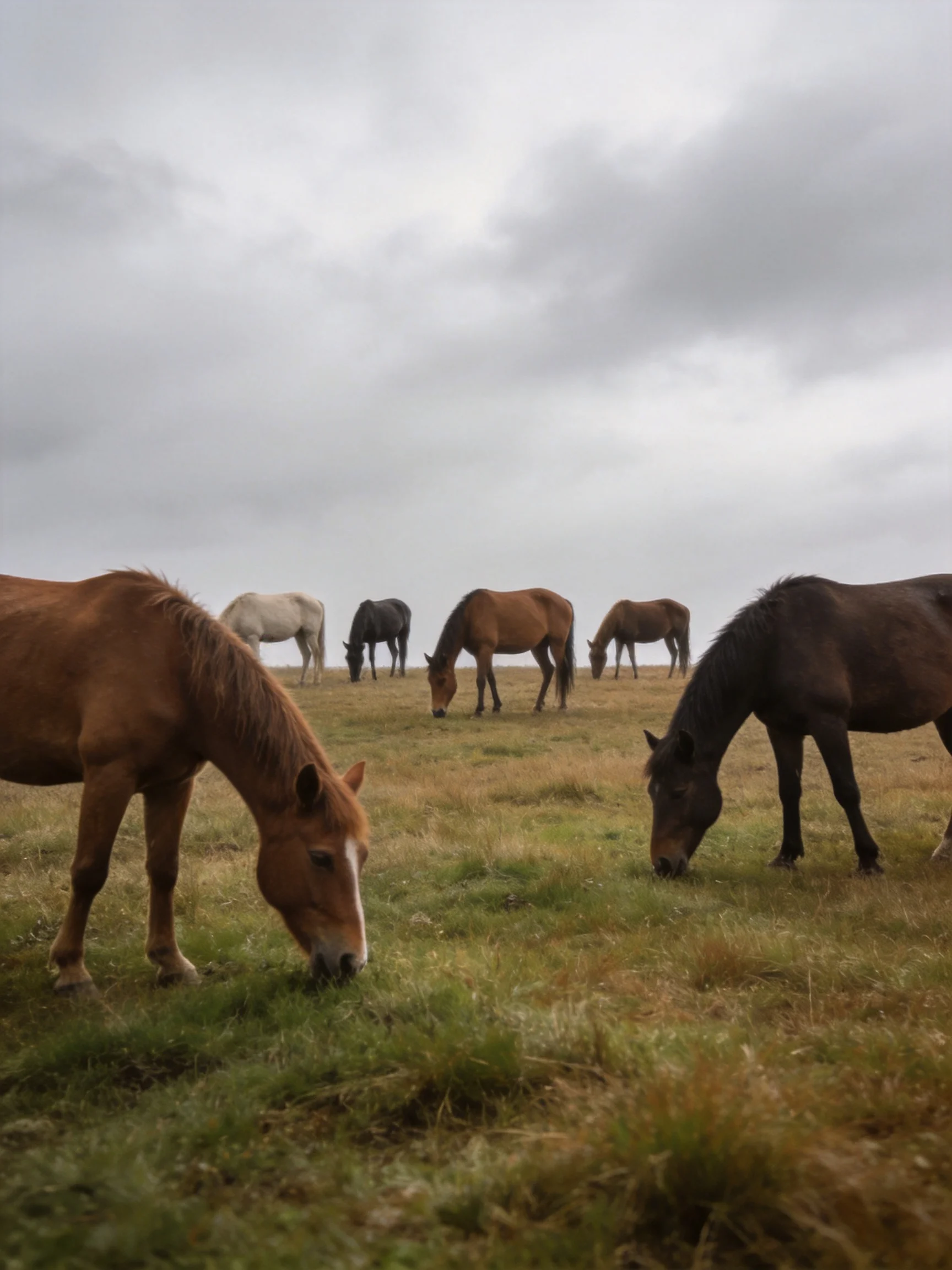 Six horses of diverse colors graze in a vast field under cloudy skies
