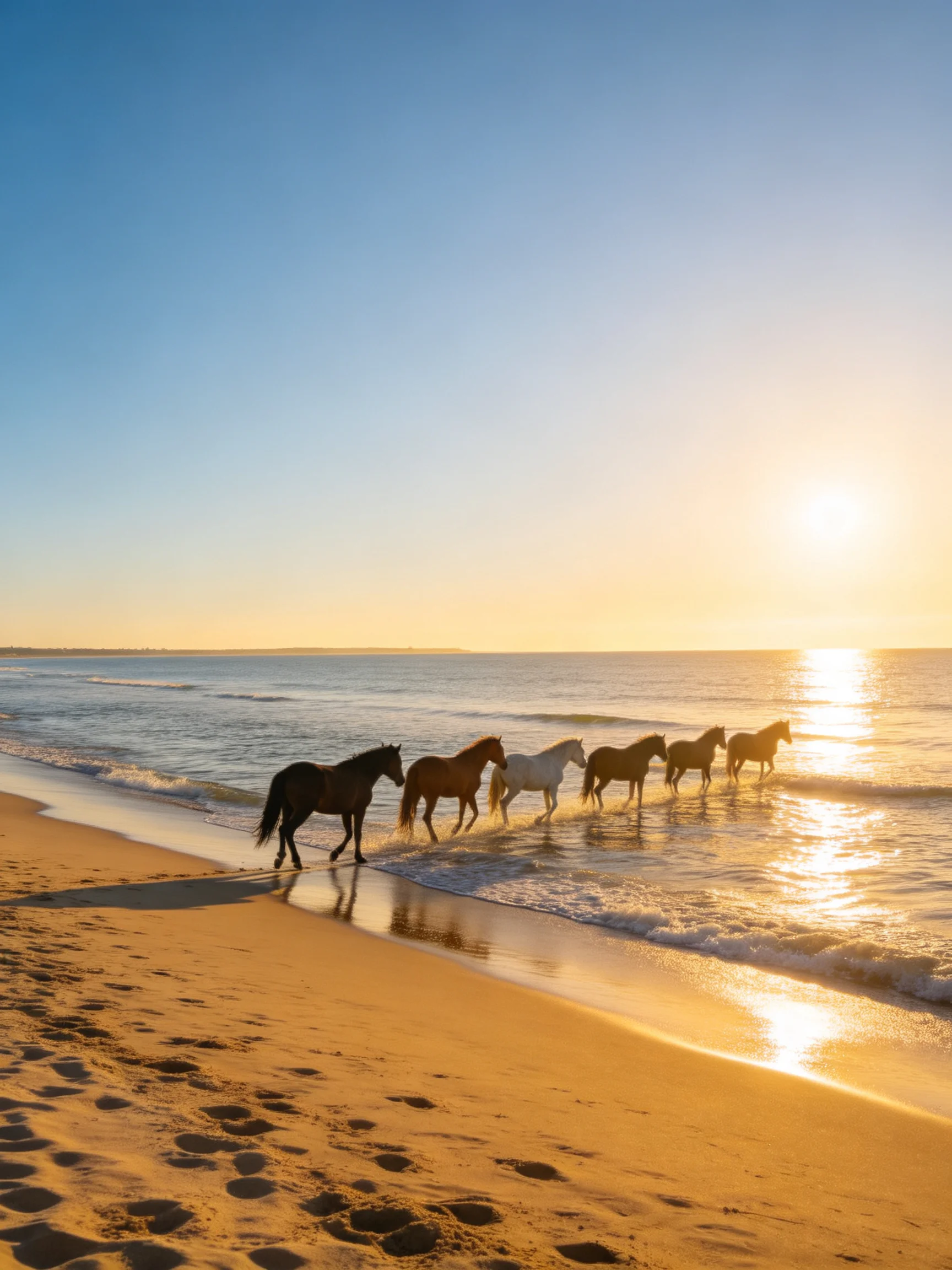 Six horses of varied colors walk along a golden sandy shore at sunset