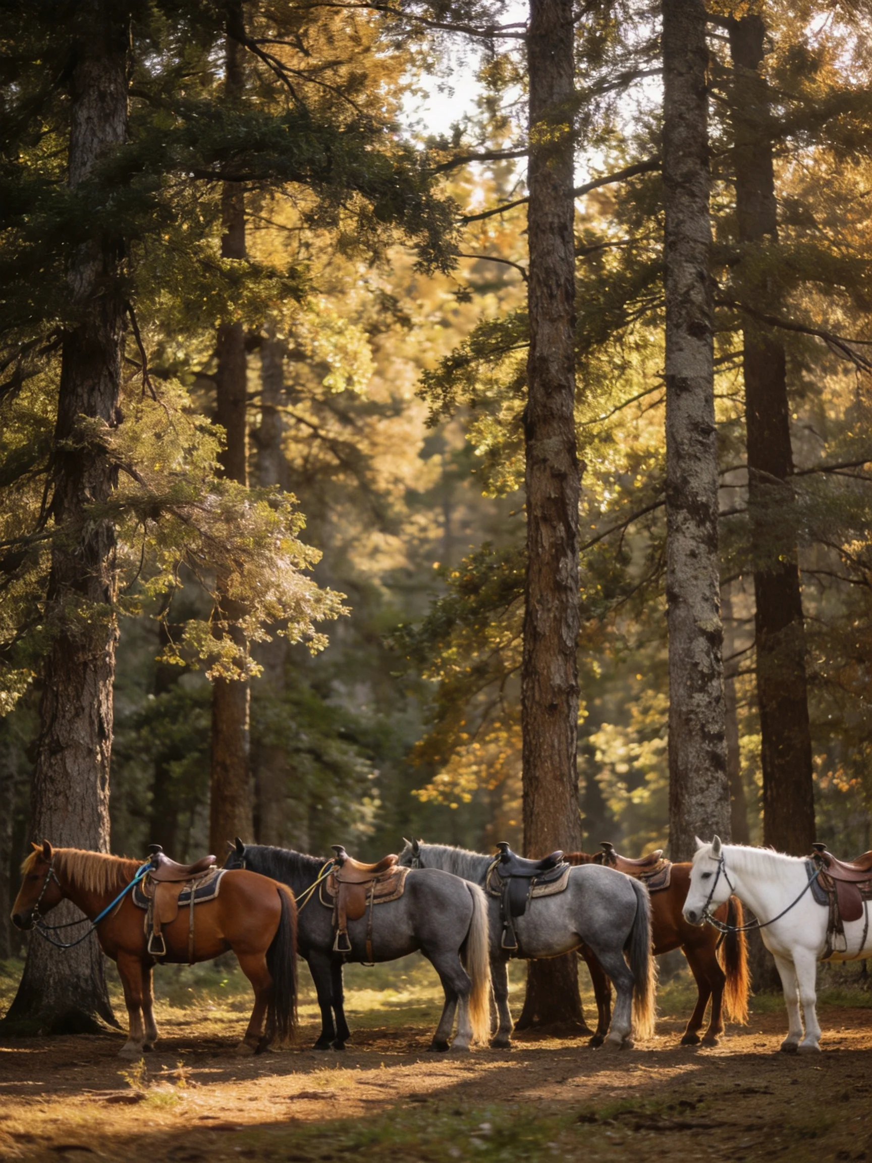 Six saddled horses gather near towering forest trees