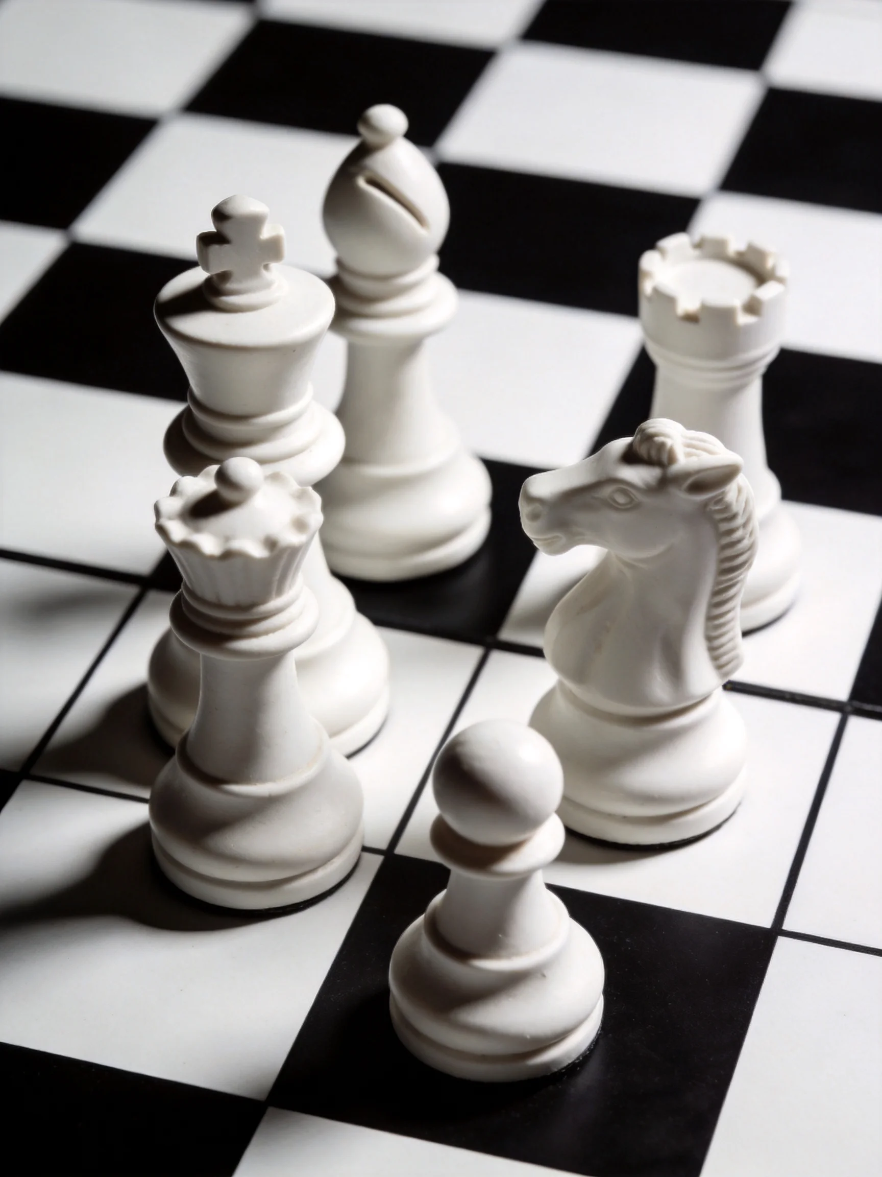 Six white chess pieces arranged on a classic black-and-white checkered chessboard