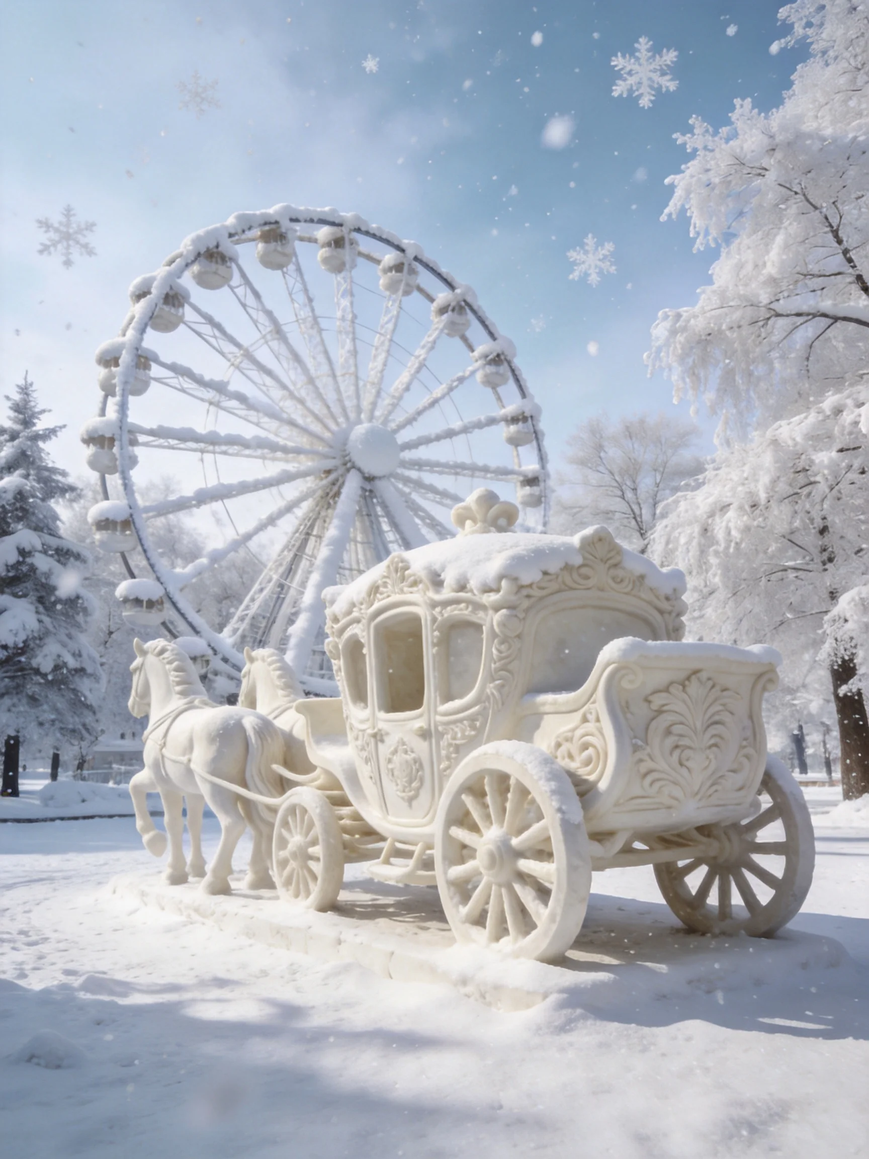 A winter scene with a snow-covered carriage, horses, and Ferris wheel.