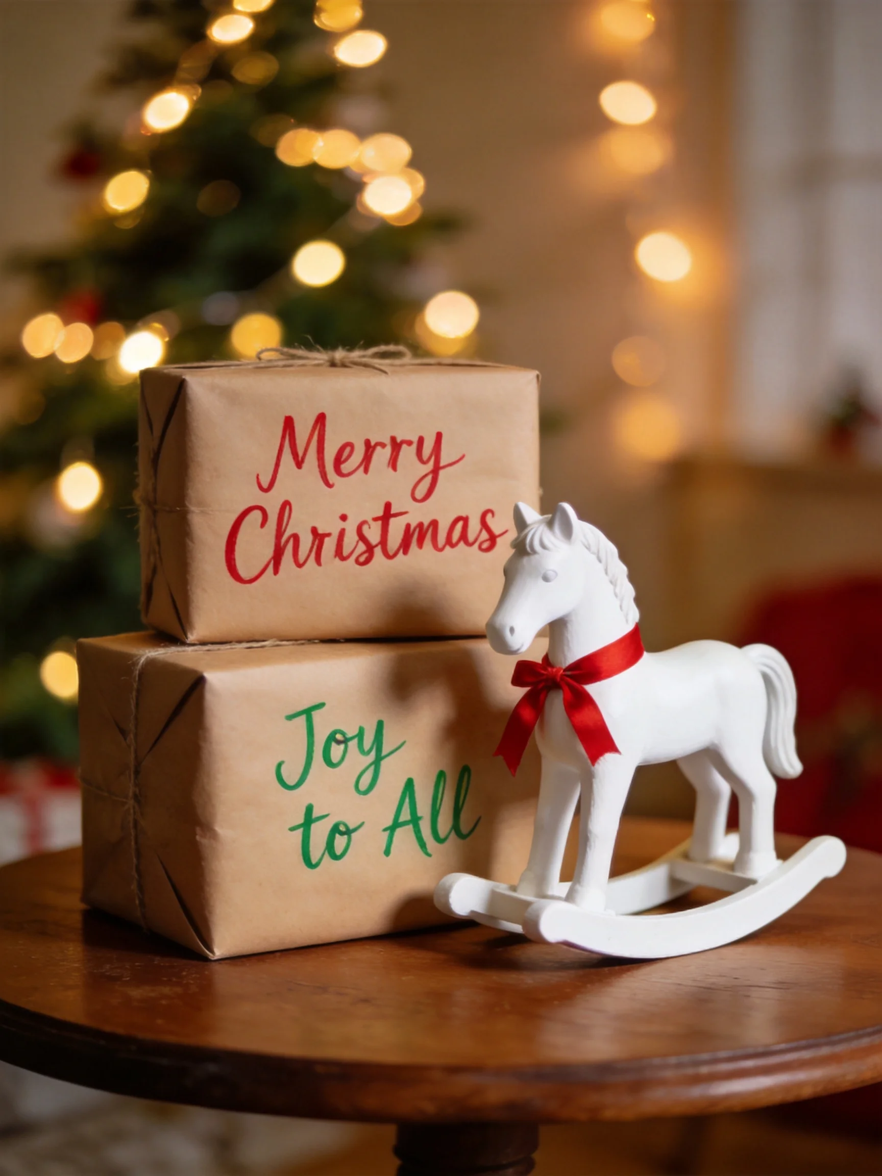 Stacked brown gift boxes, a white rocking horse, and a lit Christmas tree
