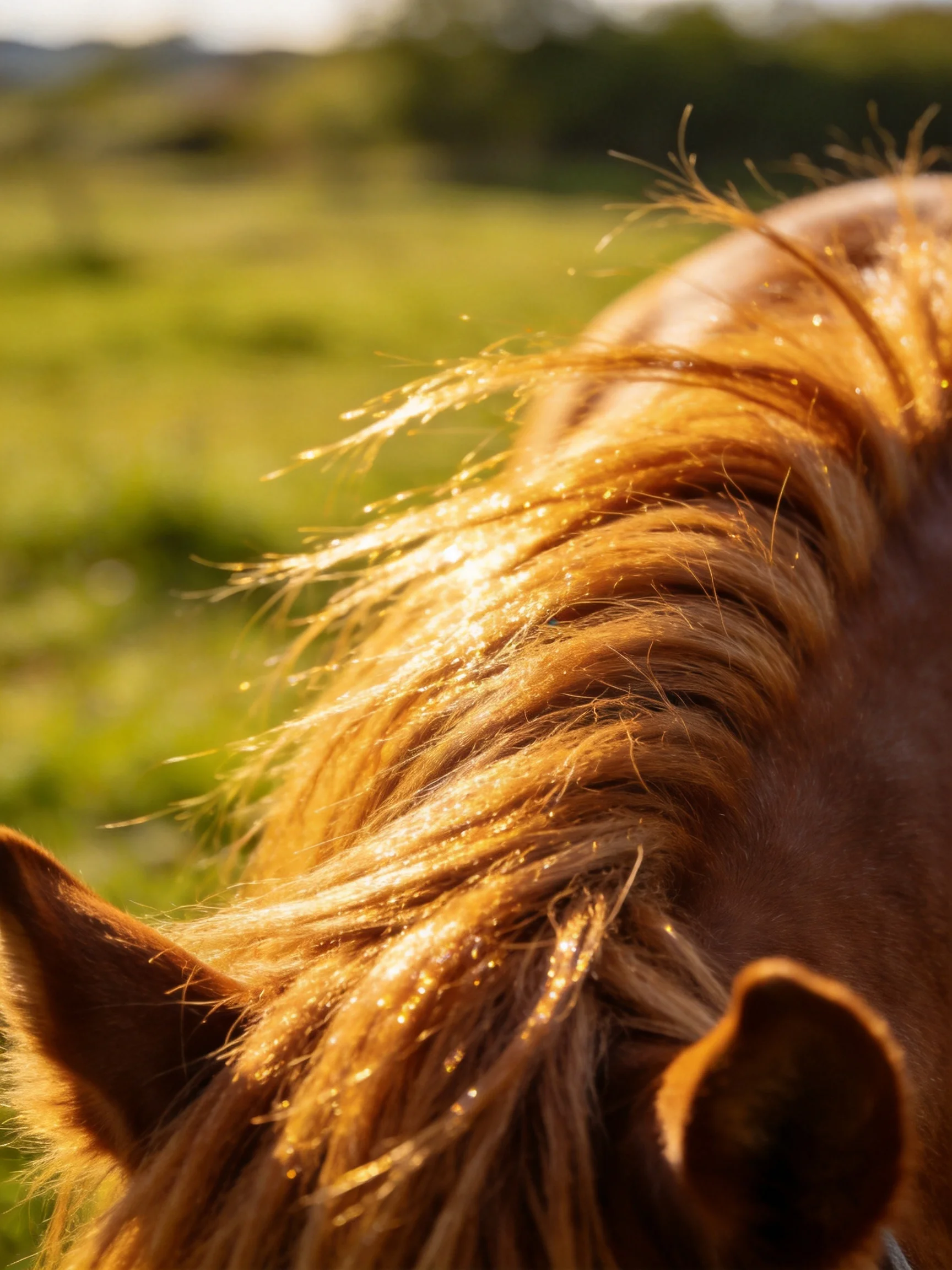 Sunlit Golden Mane of a Horse in Green Field