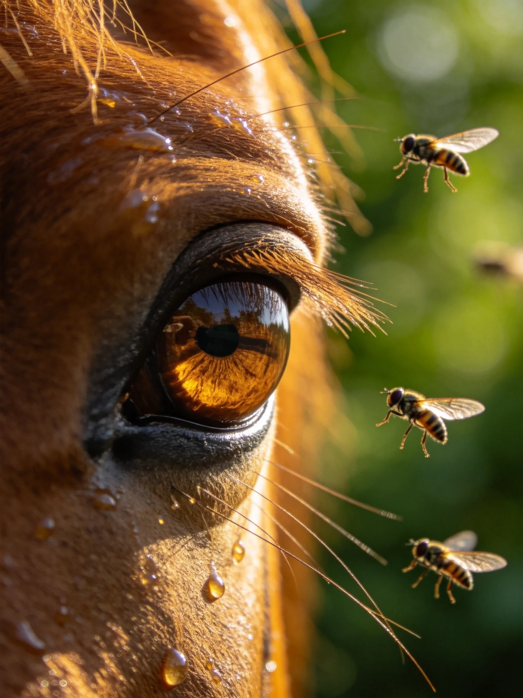 Three Bees Near a Horses Amber Eye with Water Droplets