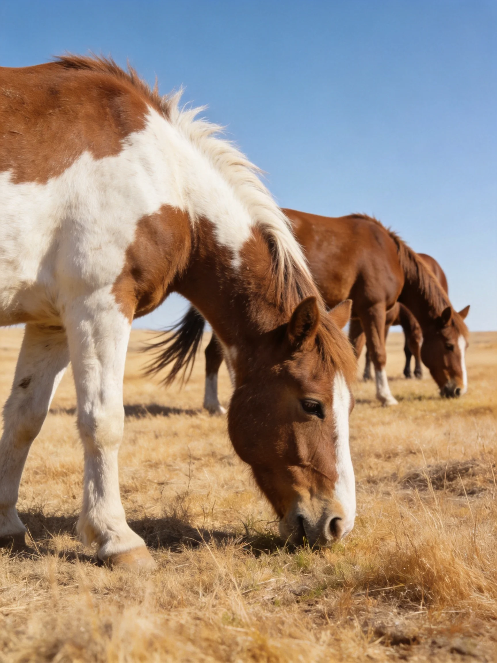 Three horses graze peacefully in a sunlit open field.