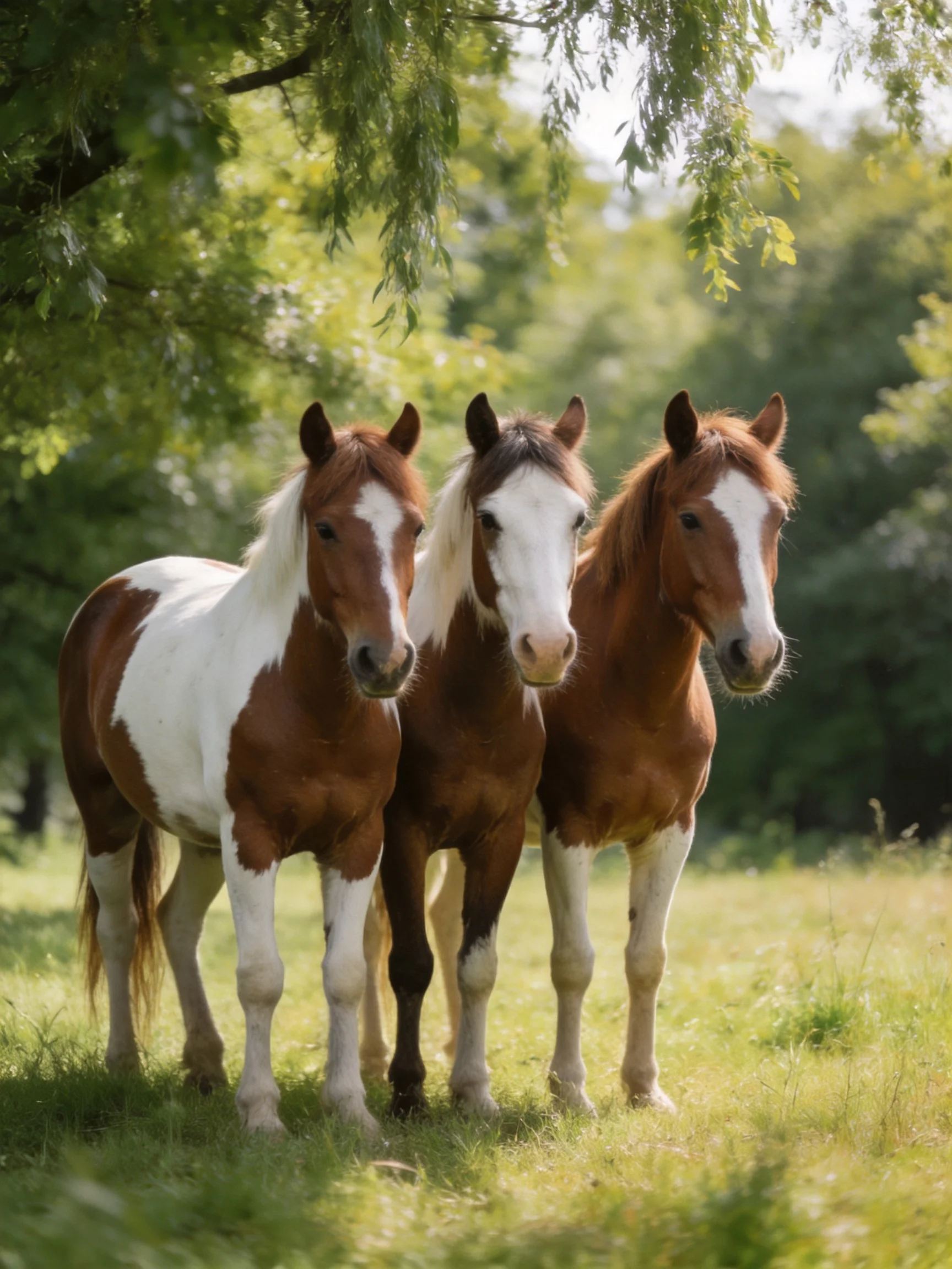 Three brown and white horses gather together in a sunlit meadow surrounded by trees.