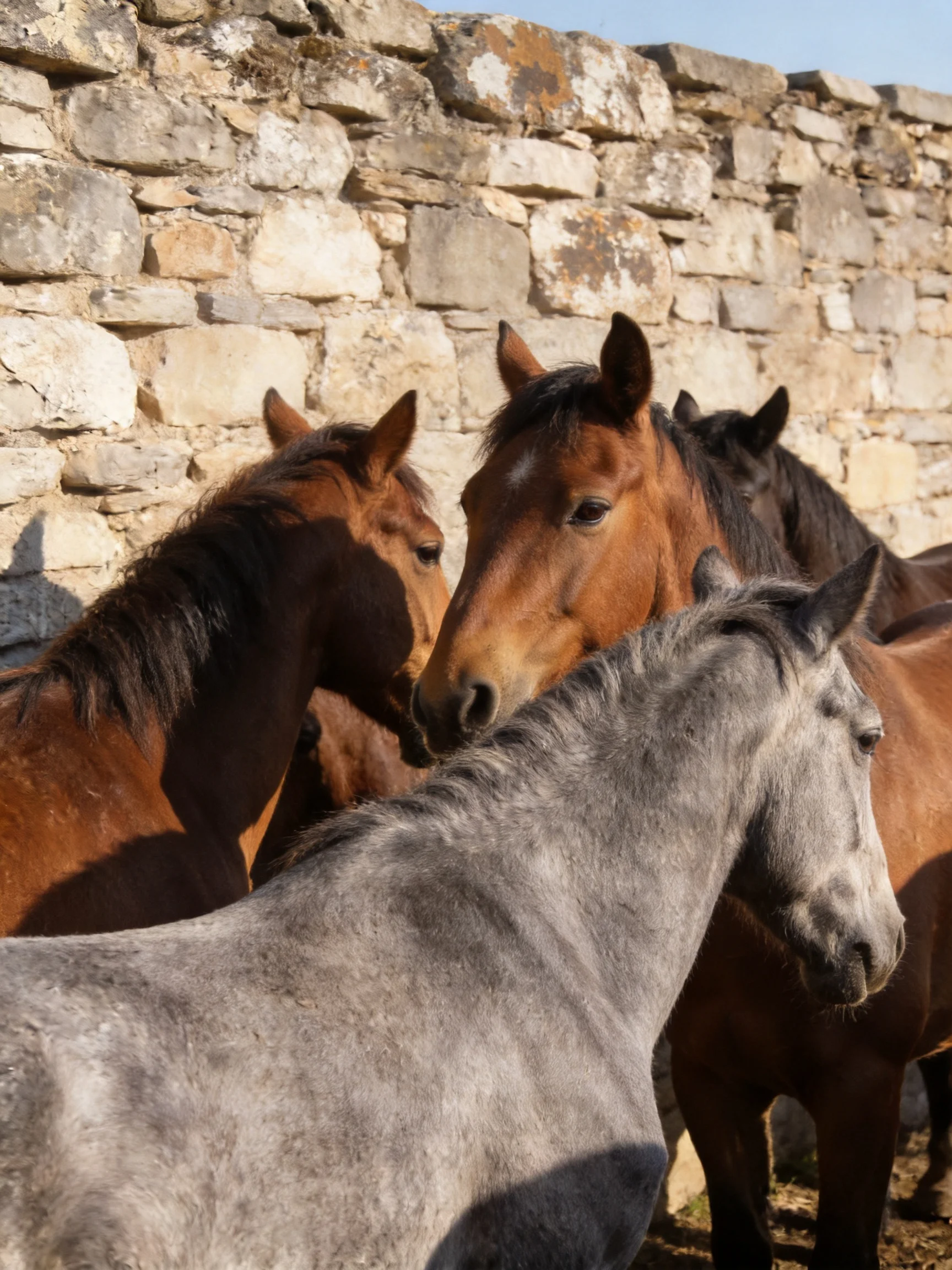 Three brown horses and one gray horse near an aged stone wall
