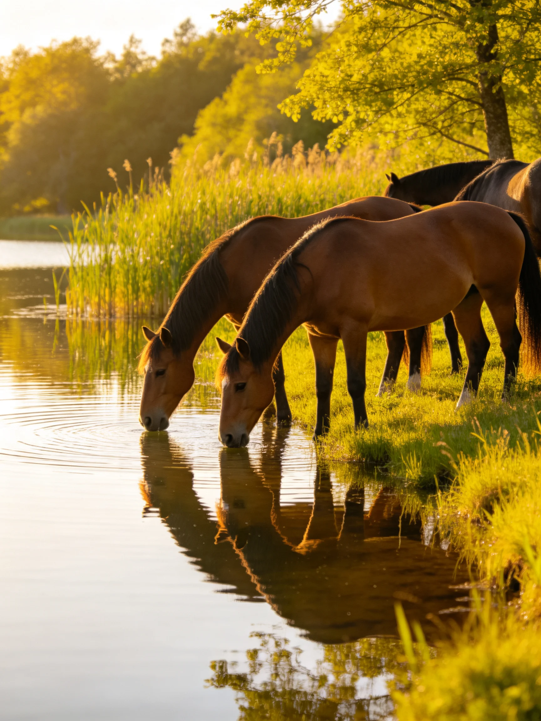 Three brown horses drink from a calm riverbank pond under golden sunlight