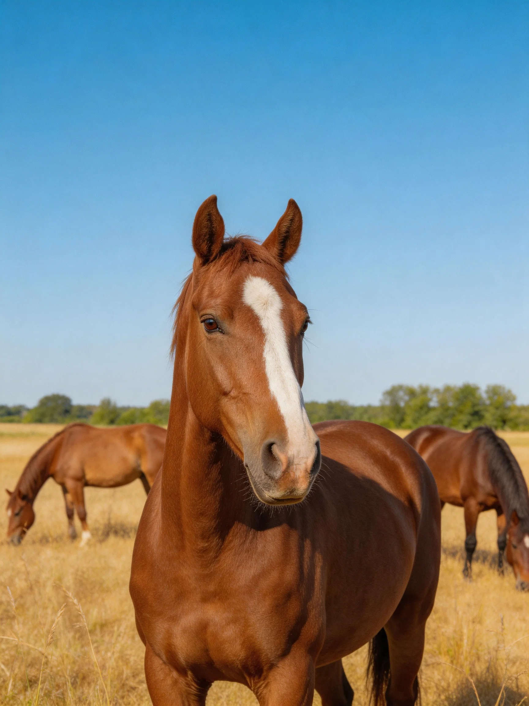 Three brown horses graze in a golden field under a clear blue sky