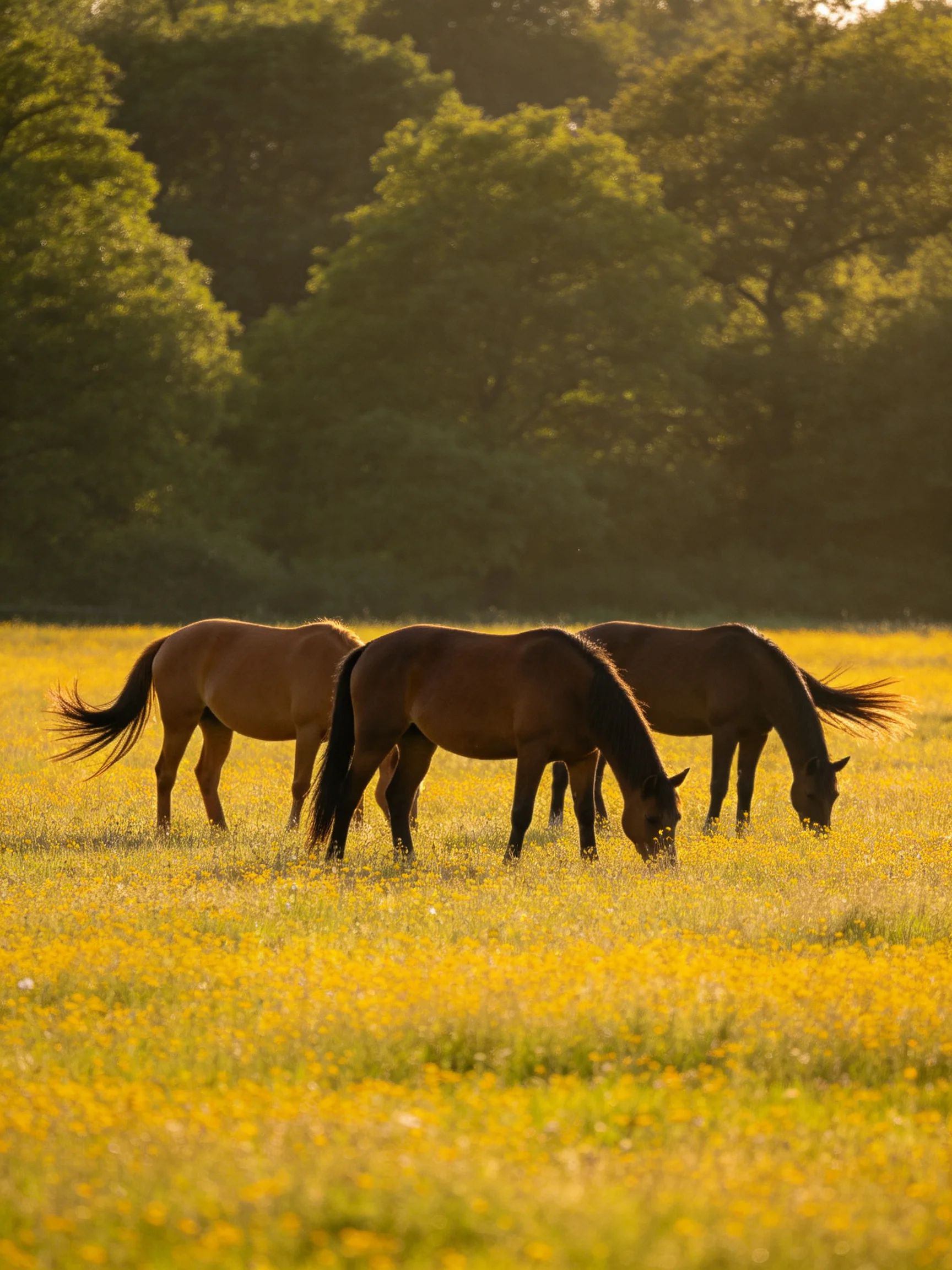 Three horses graze in a golden meadow surrounded by green trees