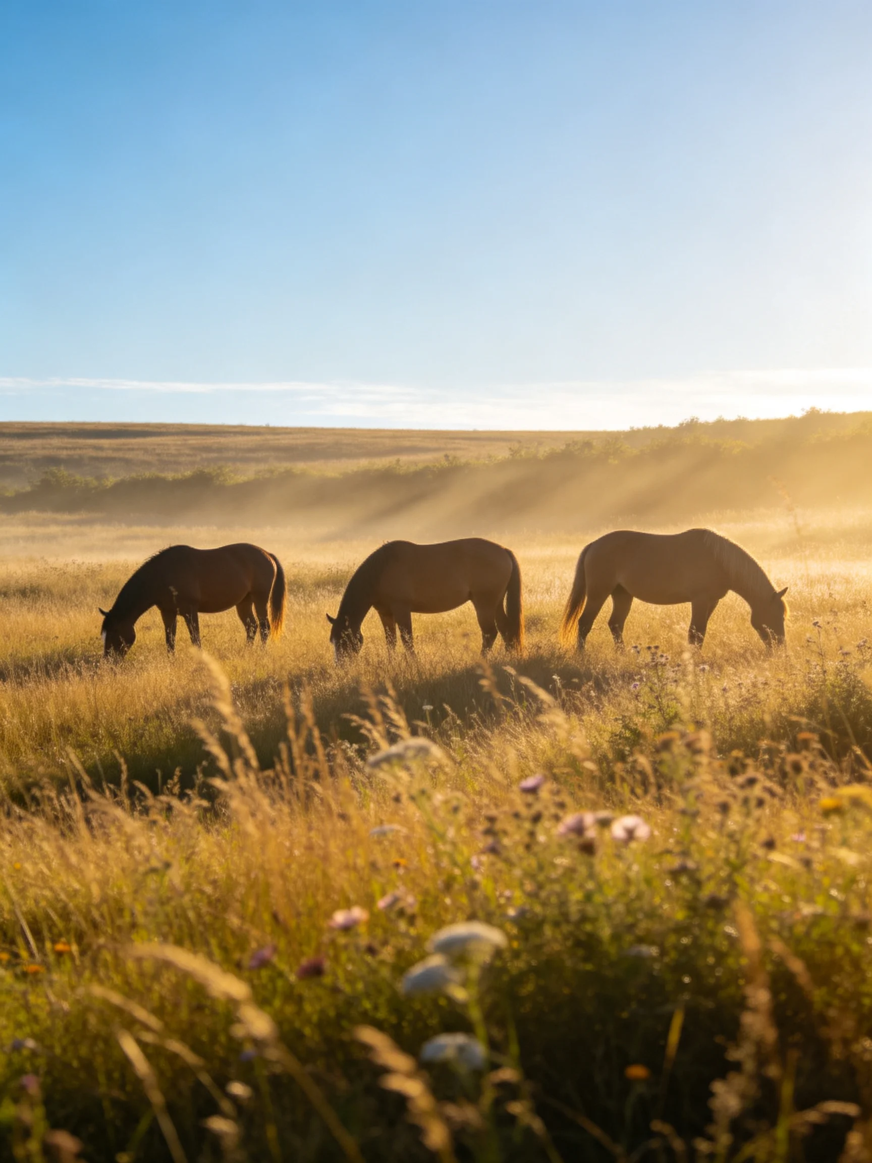 Three horses graze in a sun-drenched meadow.