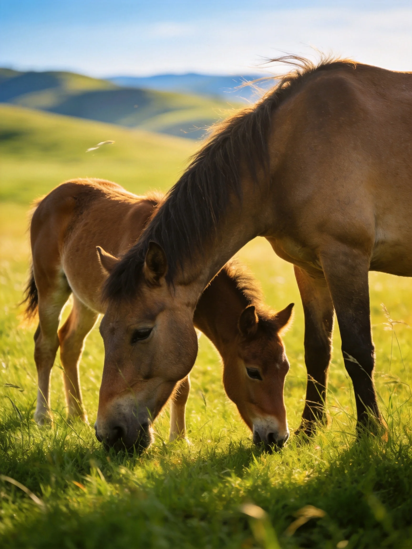 Three brown horses graze in a sunlit green meadow