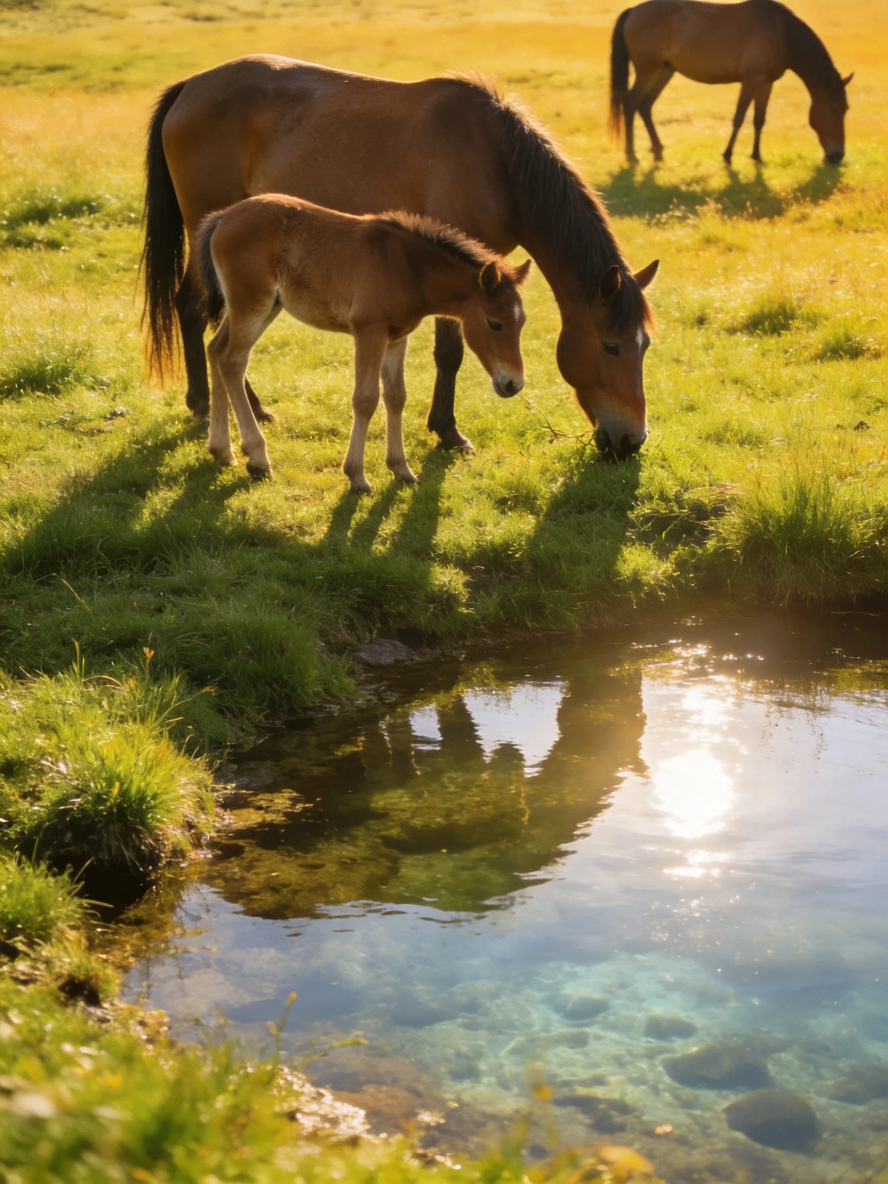 Three brown horses graze near a clear stream in golden light