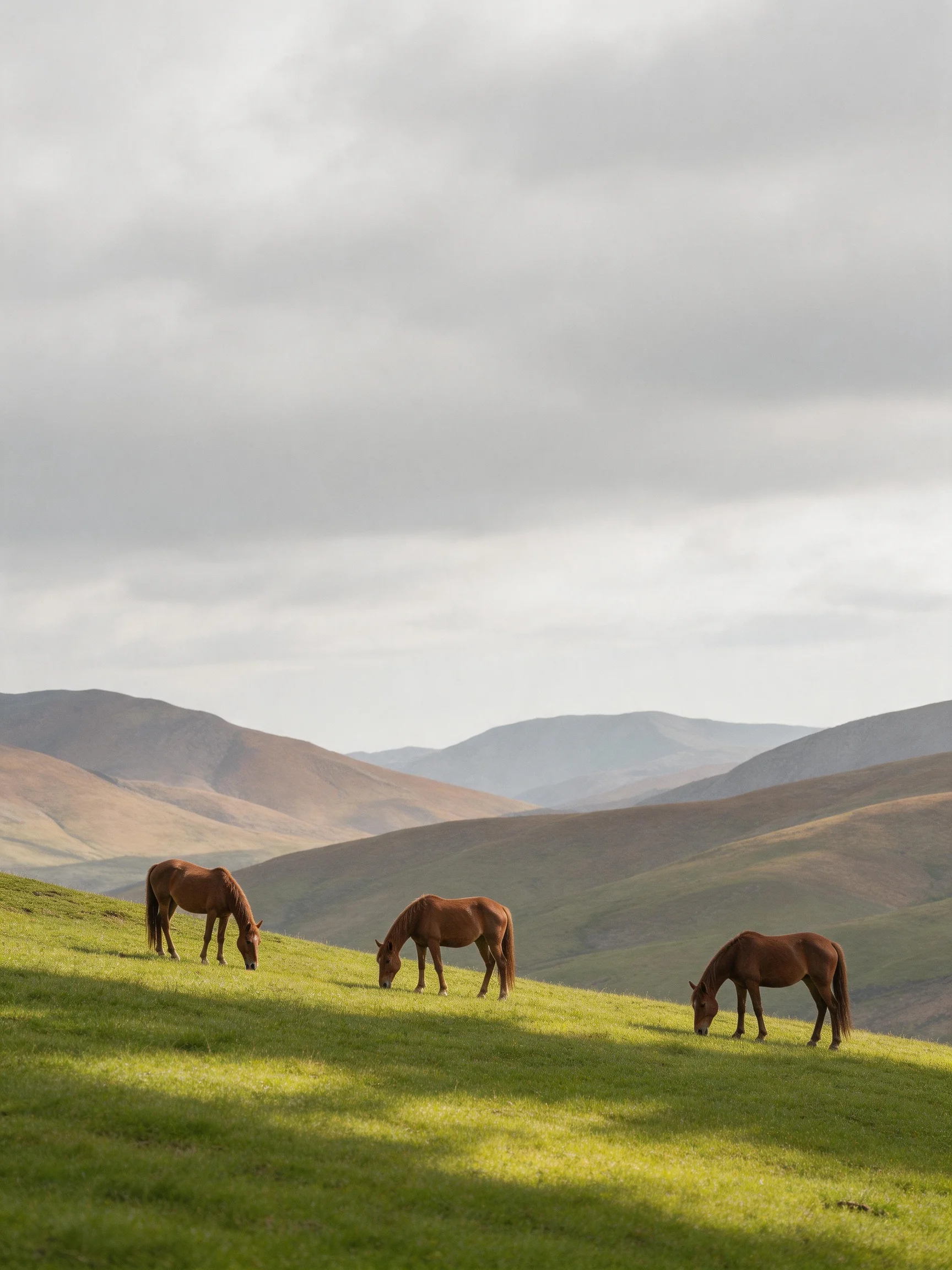 Three brown horses graze on a lush green hillside with distant mountains