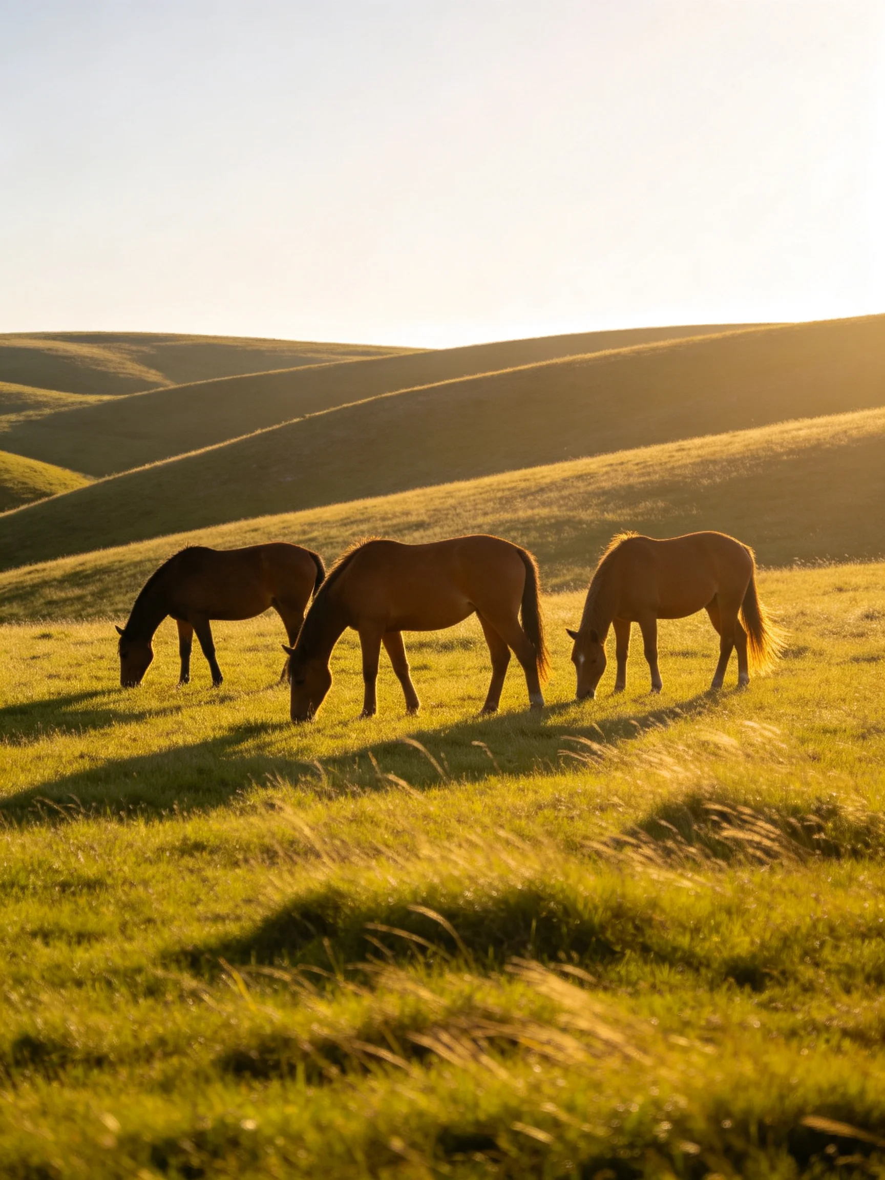 Three brown horses graze on sunlit rolling green meadows