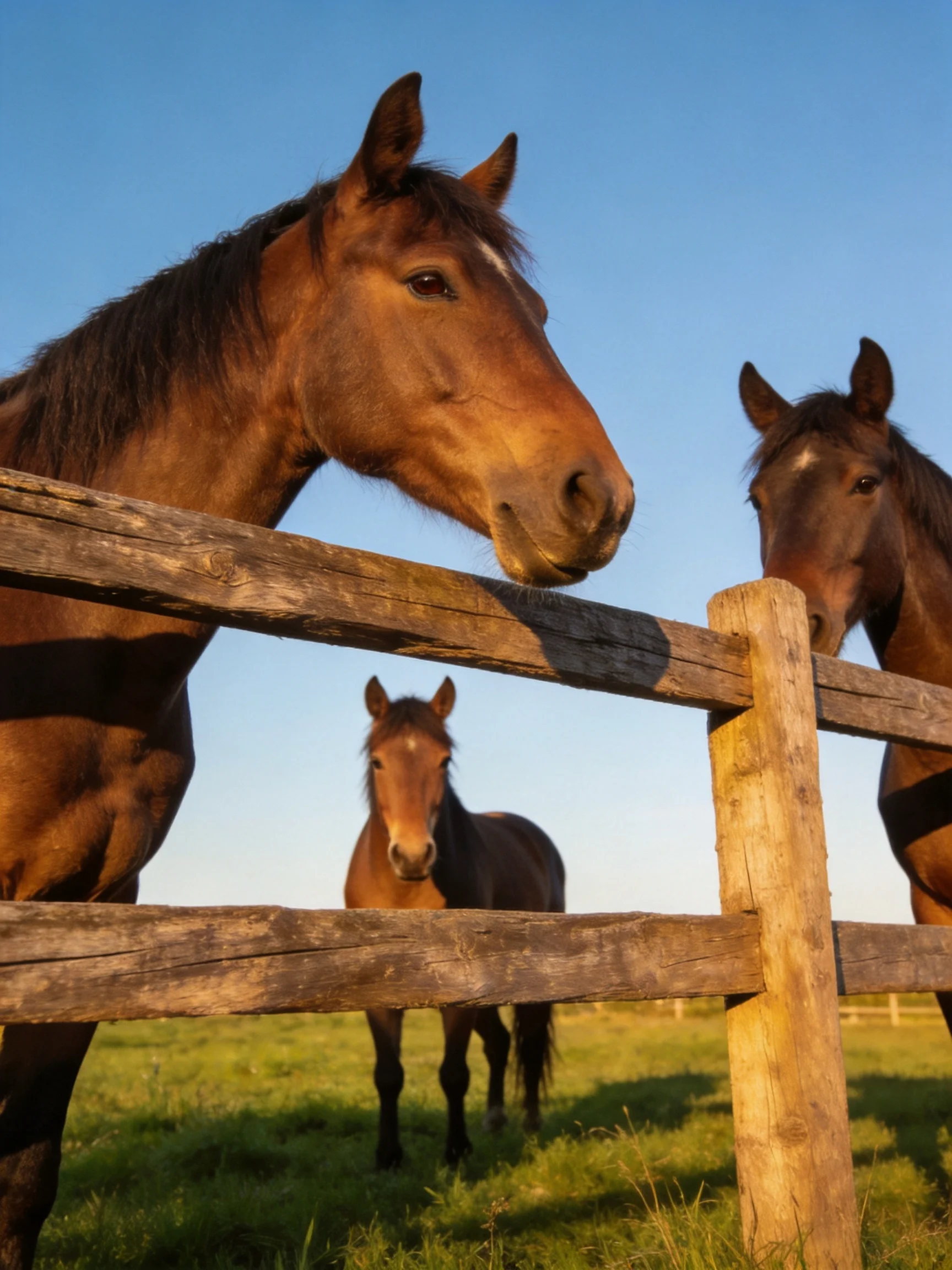 Three brown horses gather near a wooden fence in a sunlit pasture.