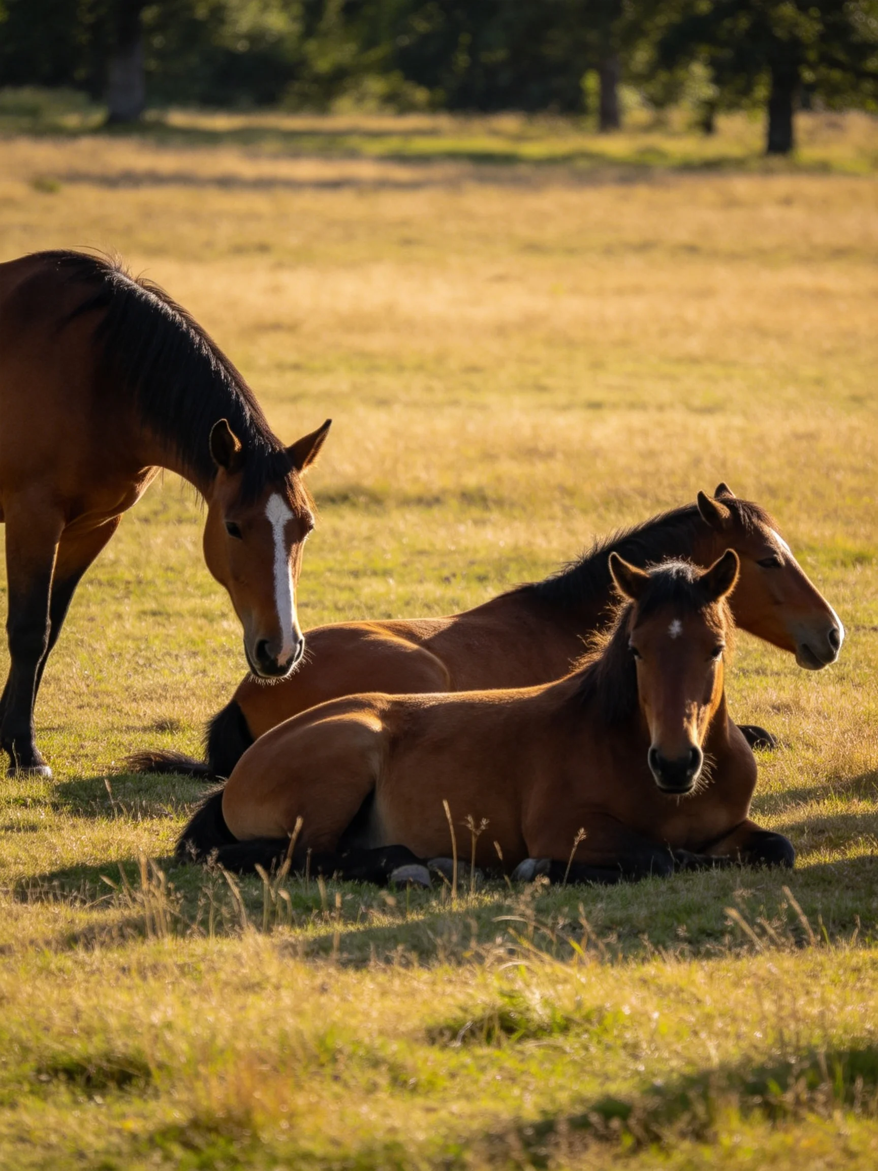 Three brown horses rest and graze in a sunlit meadow