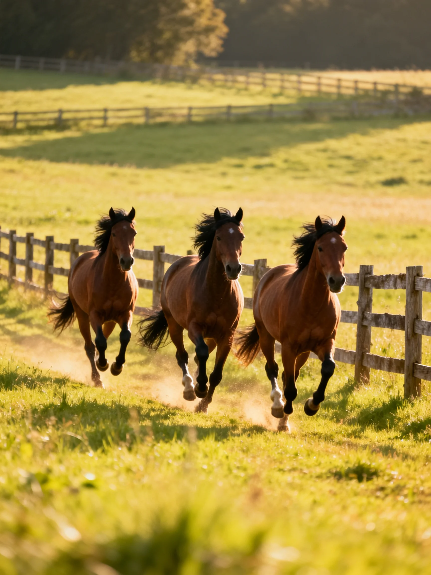 Three chestnut horses gallop through a sunlit green pasture