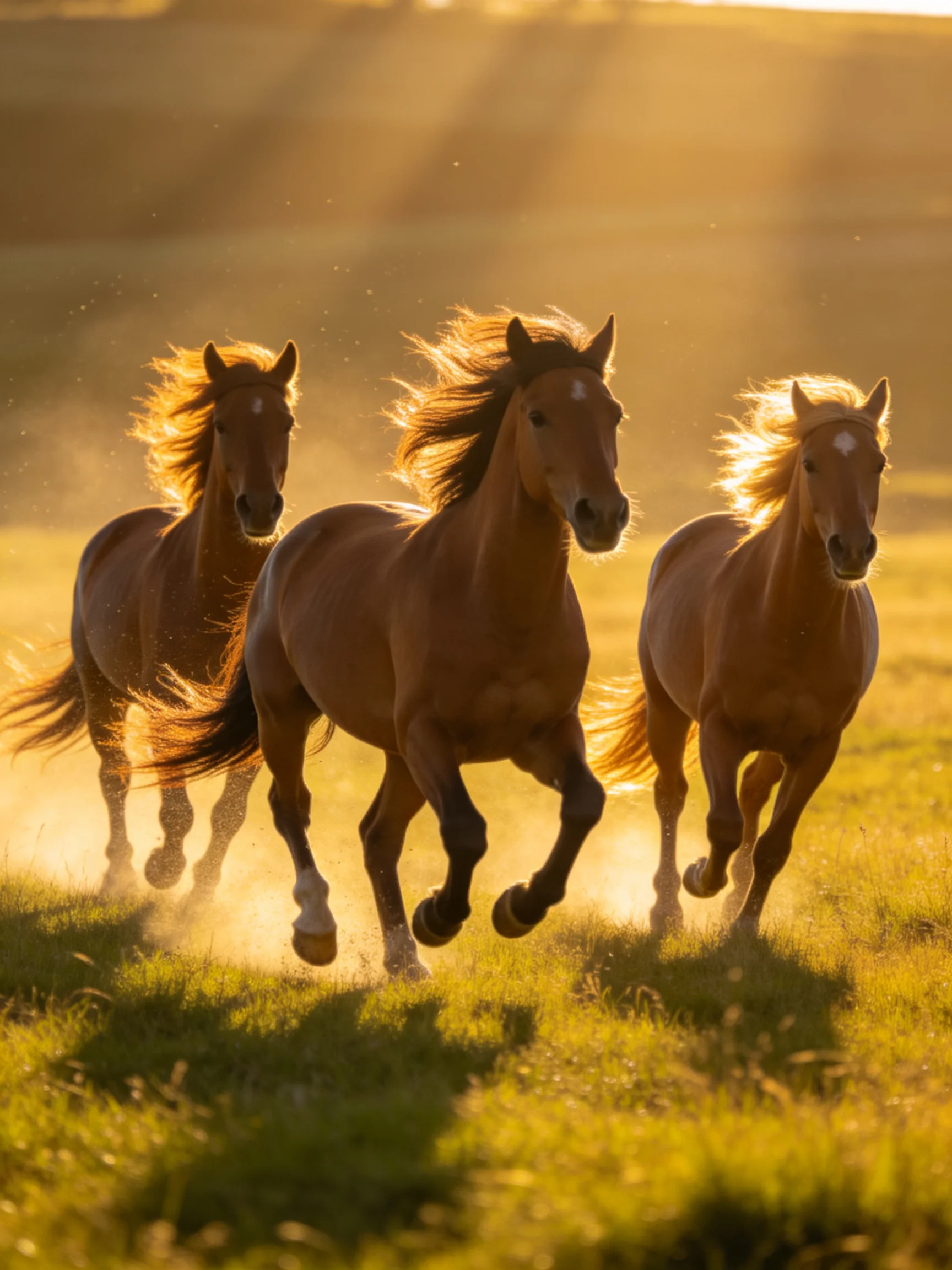 Three chestnut horses gallop through a sunlit meadow