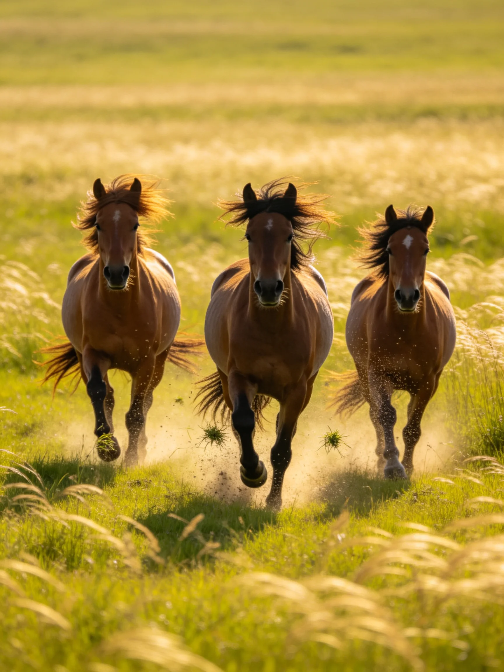 Three chestnut horses gallop through golden grassy fields