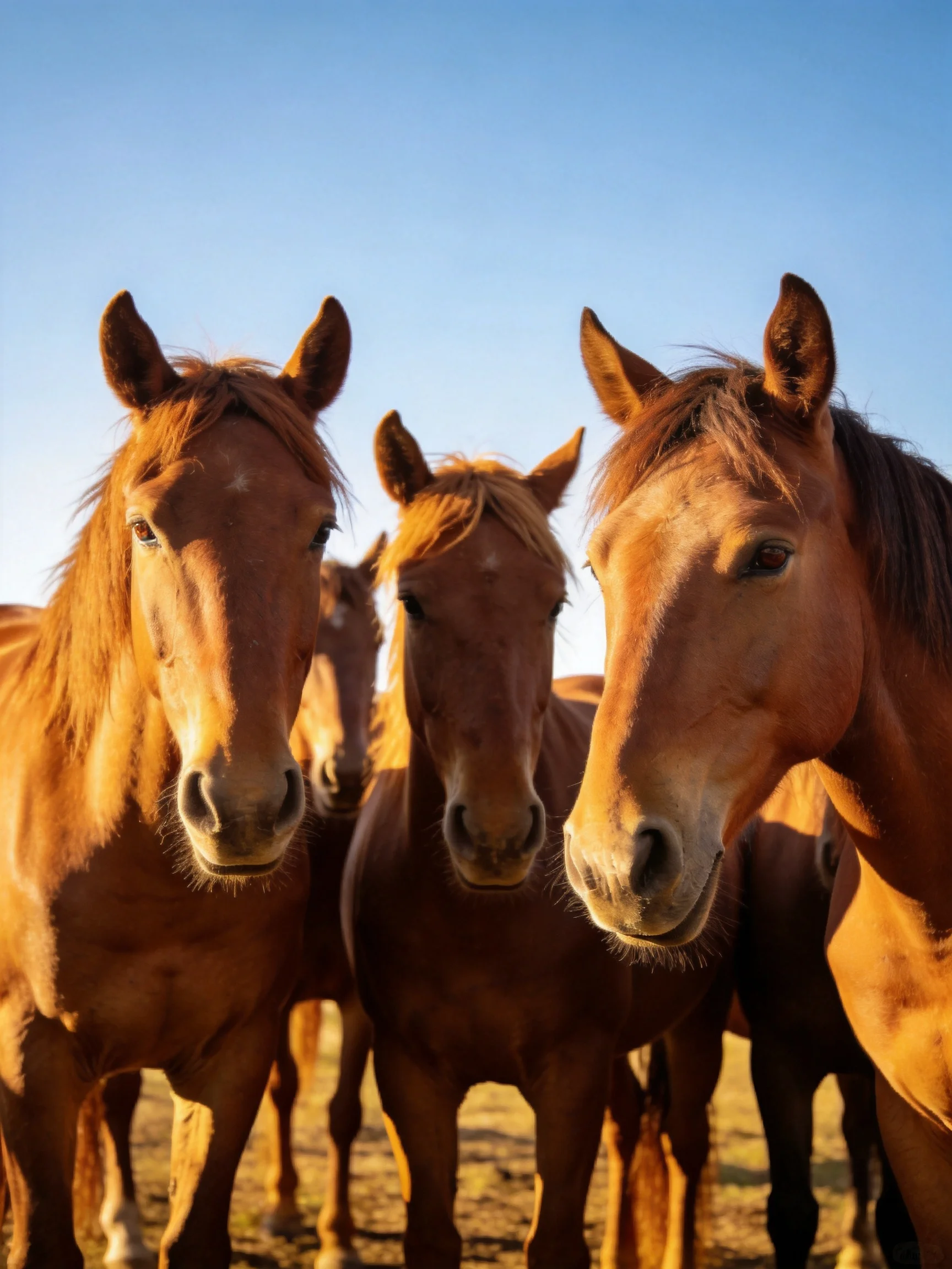 Three chestnut horses gather closely under bright blue sky