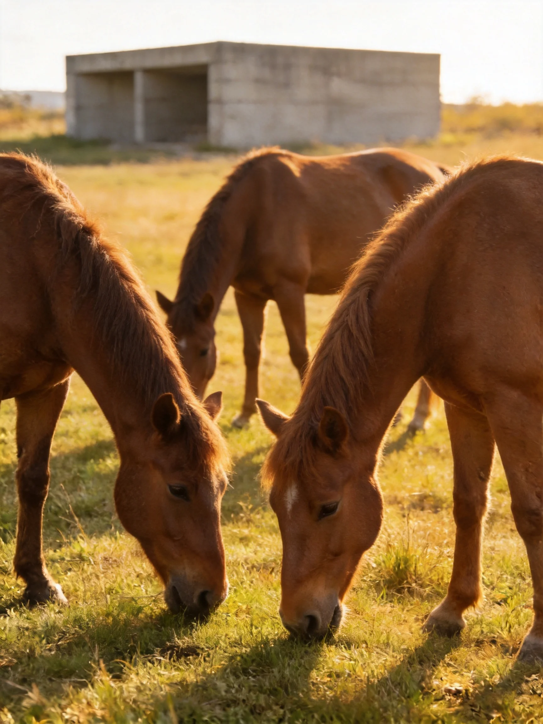 Three brown horses graze in a sunlit field next to a concrete structure.