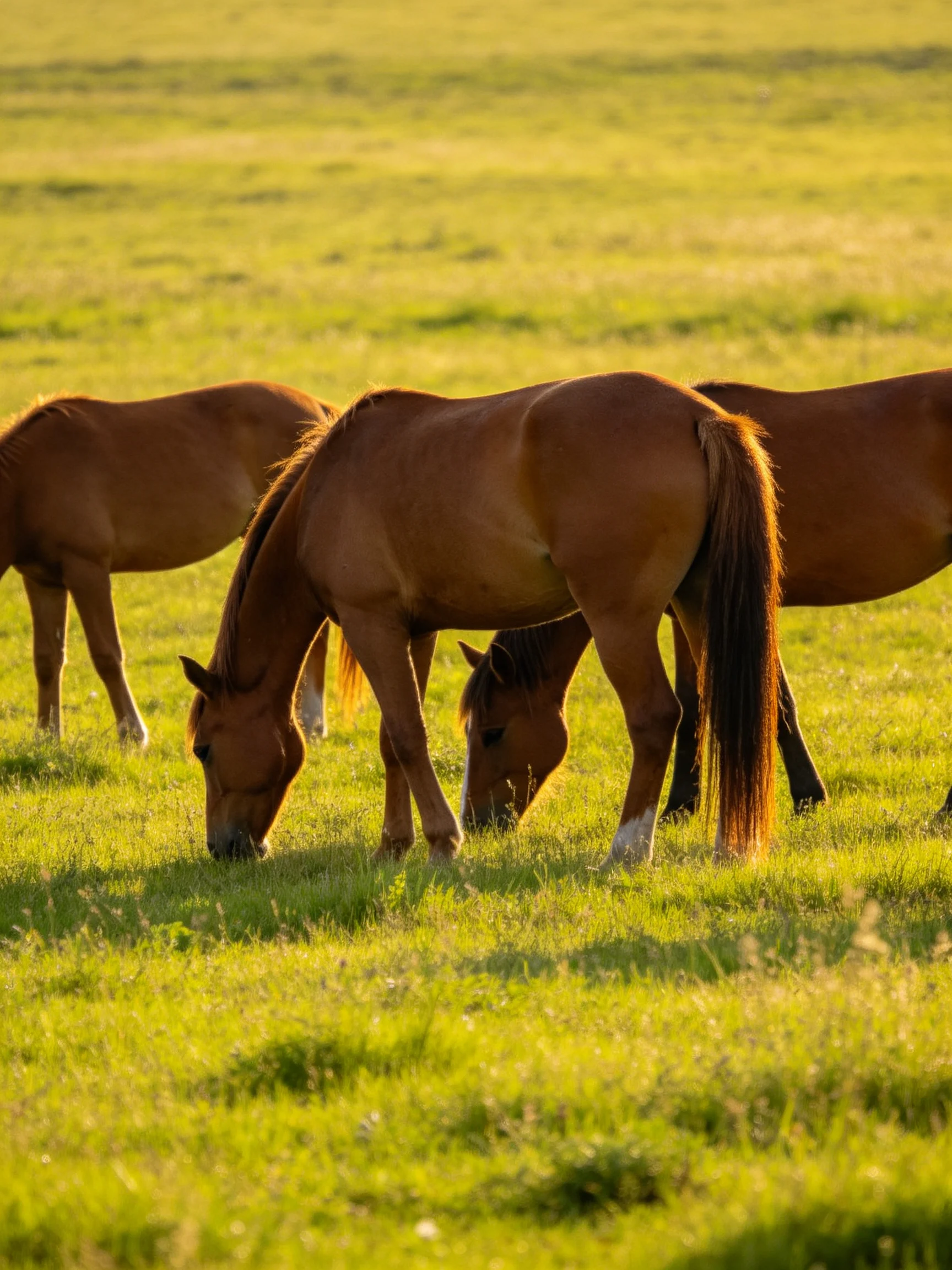 Three chestnut horses graze in a sunlit green meadow