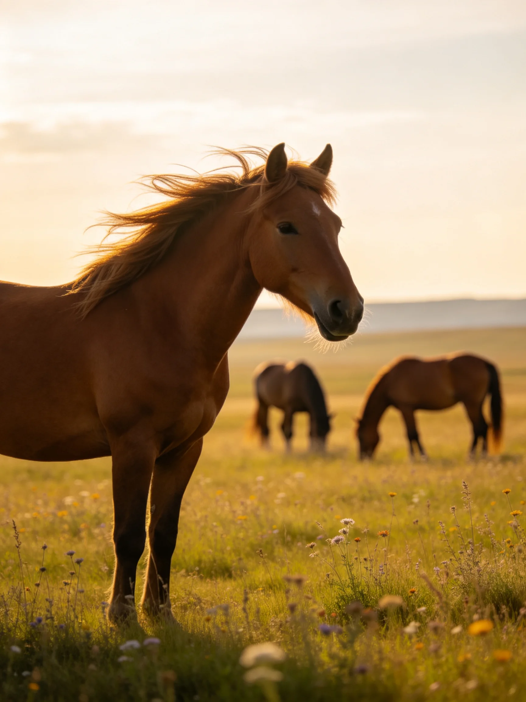 Three chestnut horses graze in a sunlit meadow with wildflowers