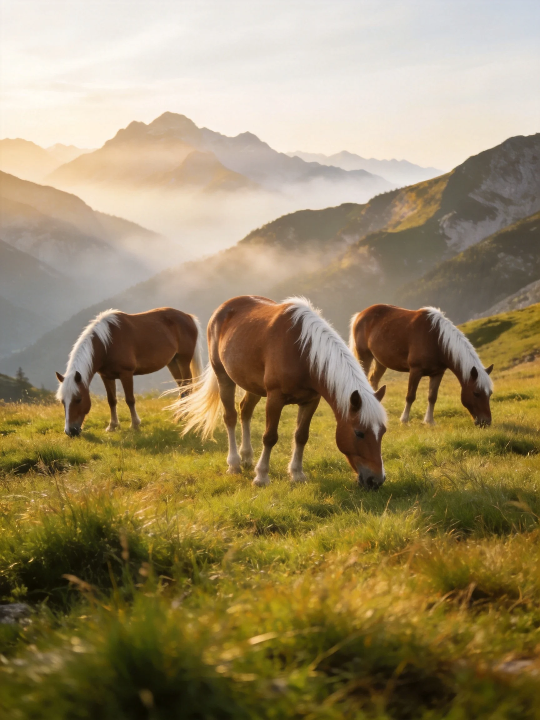 Three horses graze in a sunlit mountain meadow with misty peaks