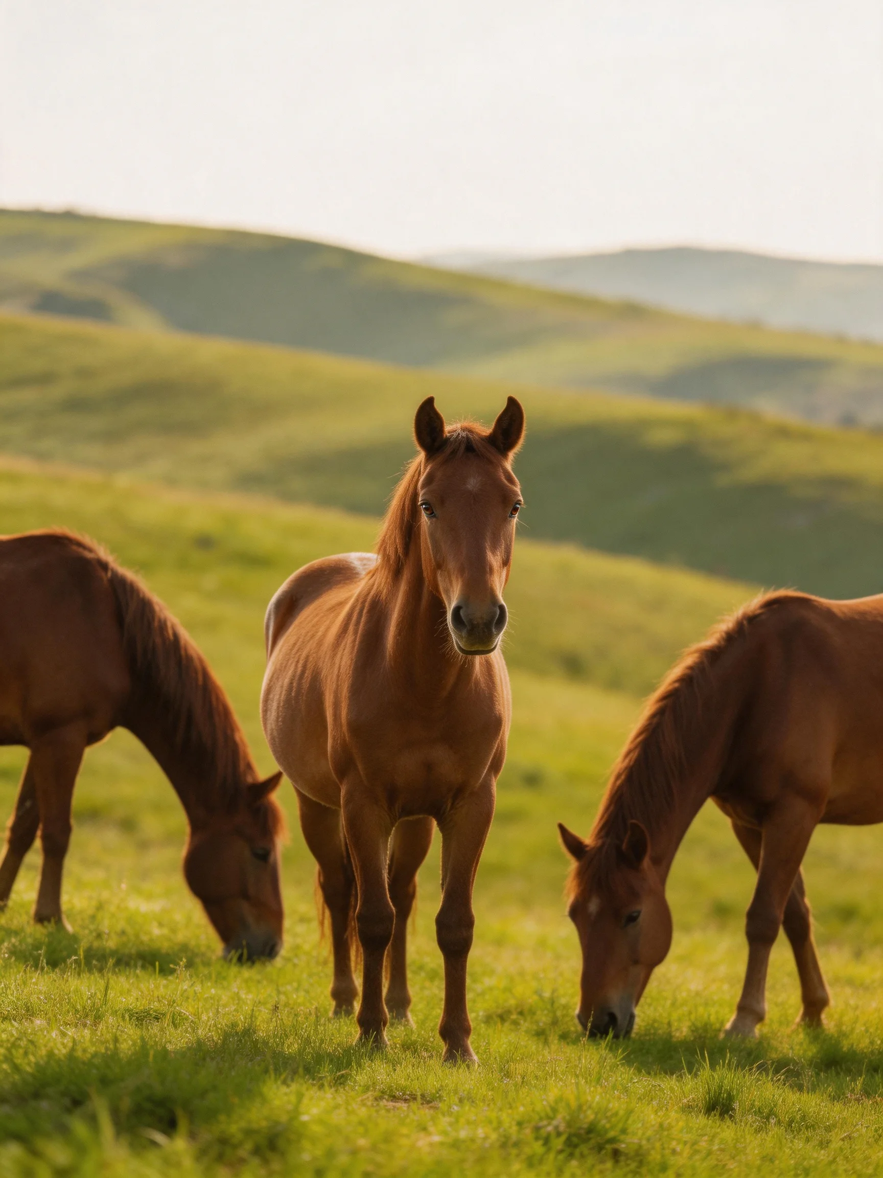 Three chestnut horses graze in a sunlit rolling green meadow