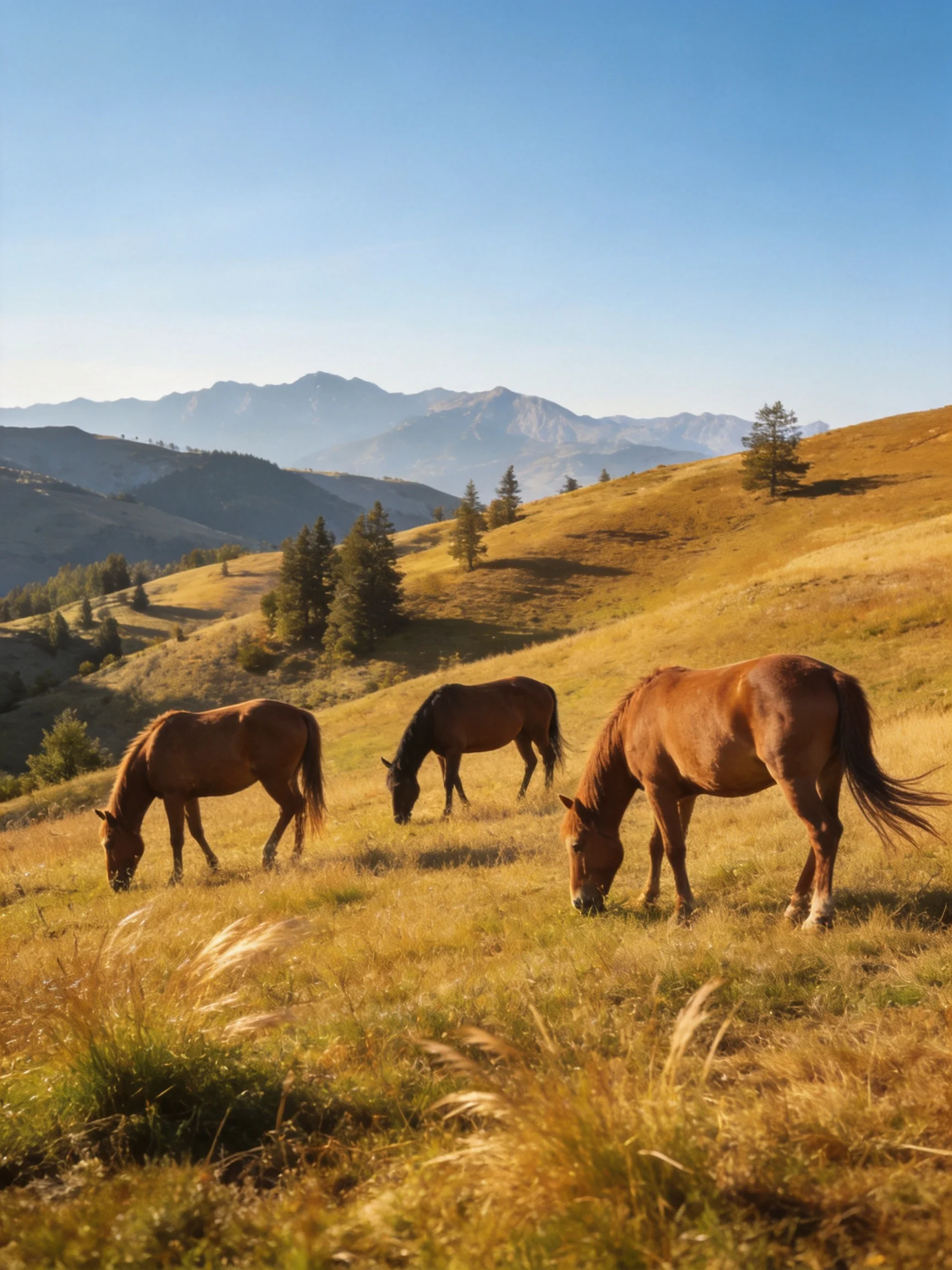 Three chestnut horses graze on golden rolling hills near misty mountains