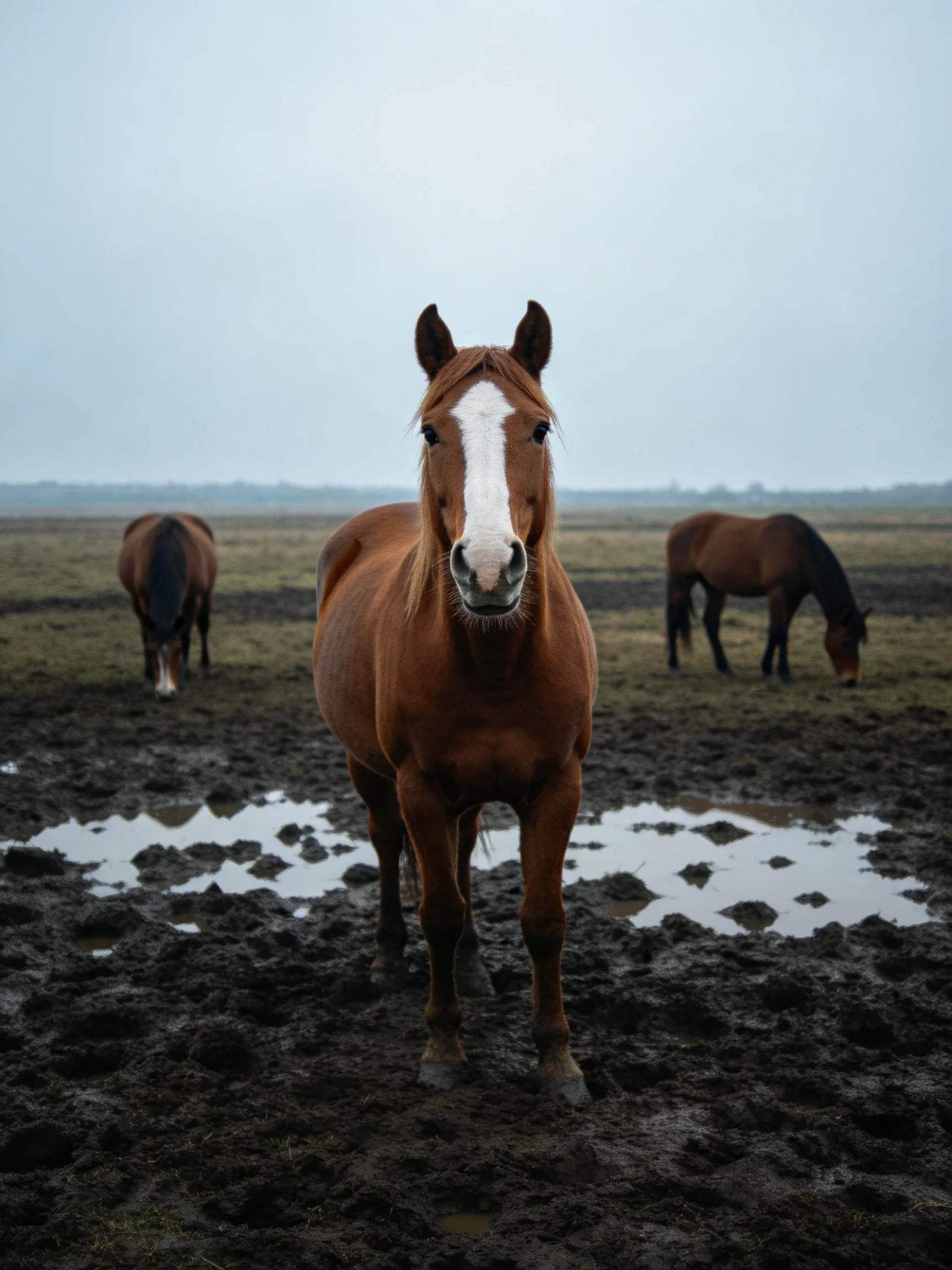 Three chestnut horses in a muddy field with puddles