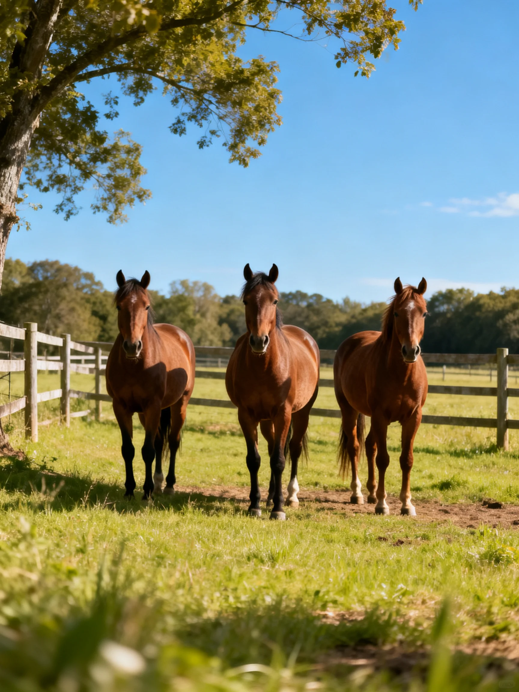 Three chestnut horses in a sunlit fenced pasture near a tree