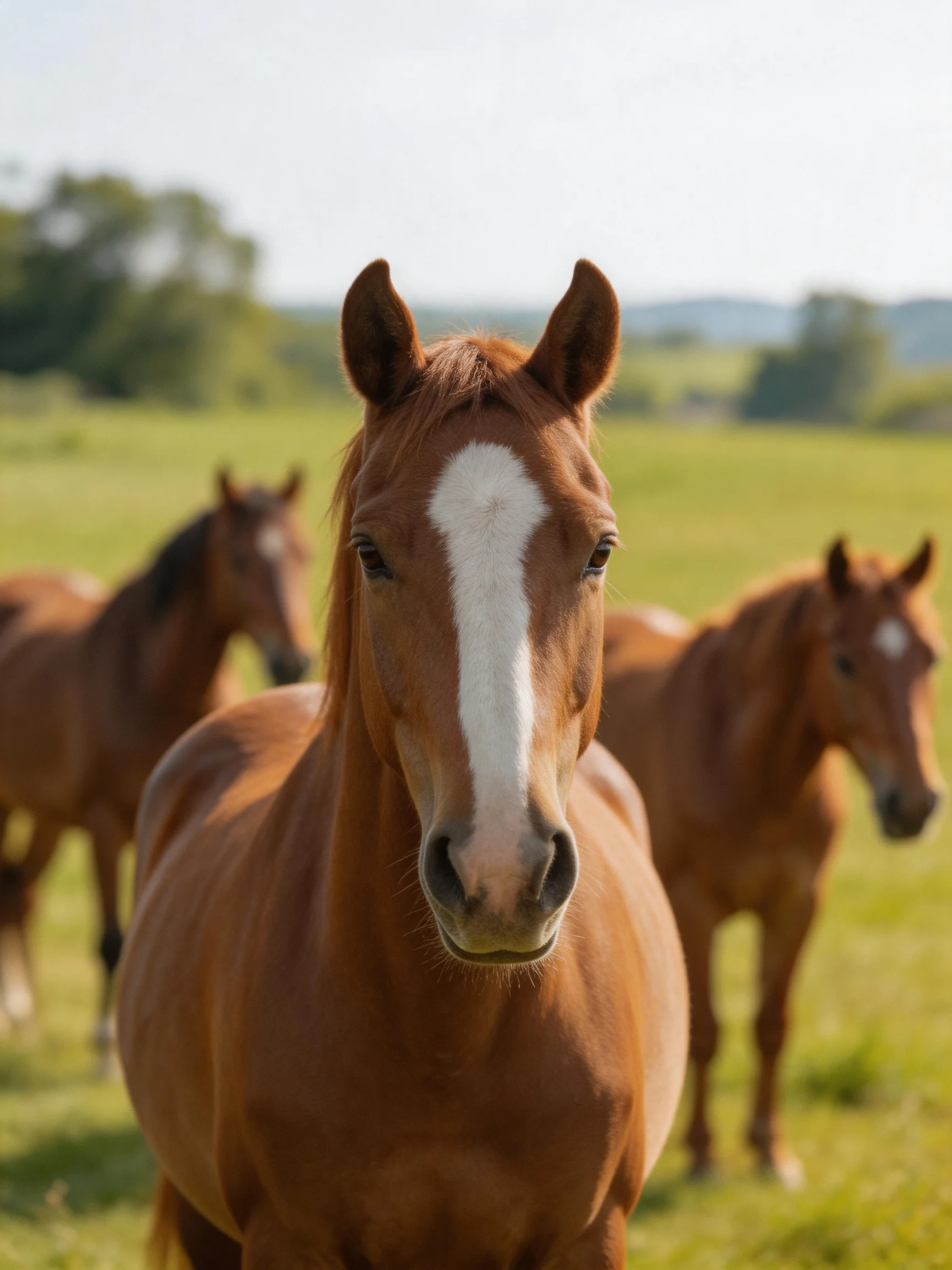 Three chestnut horses in a sunlit green pasture