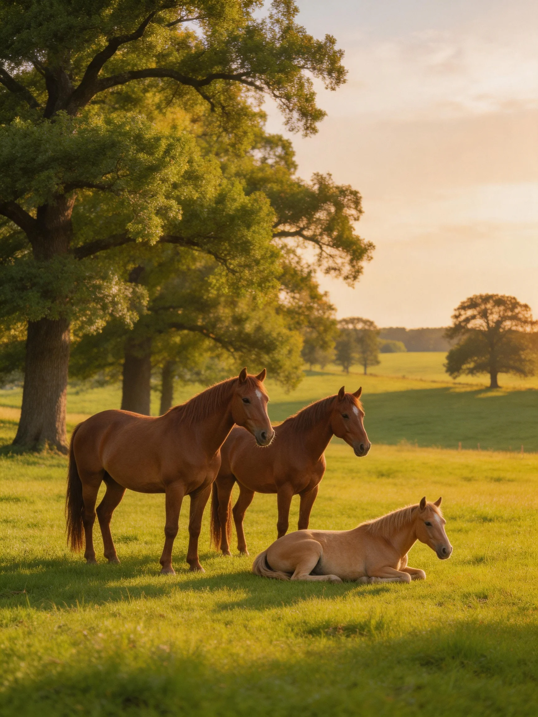 Three chestnut horses rest in a sunlit meadow near large oaks