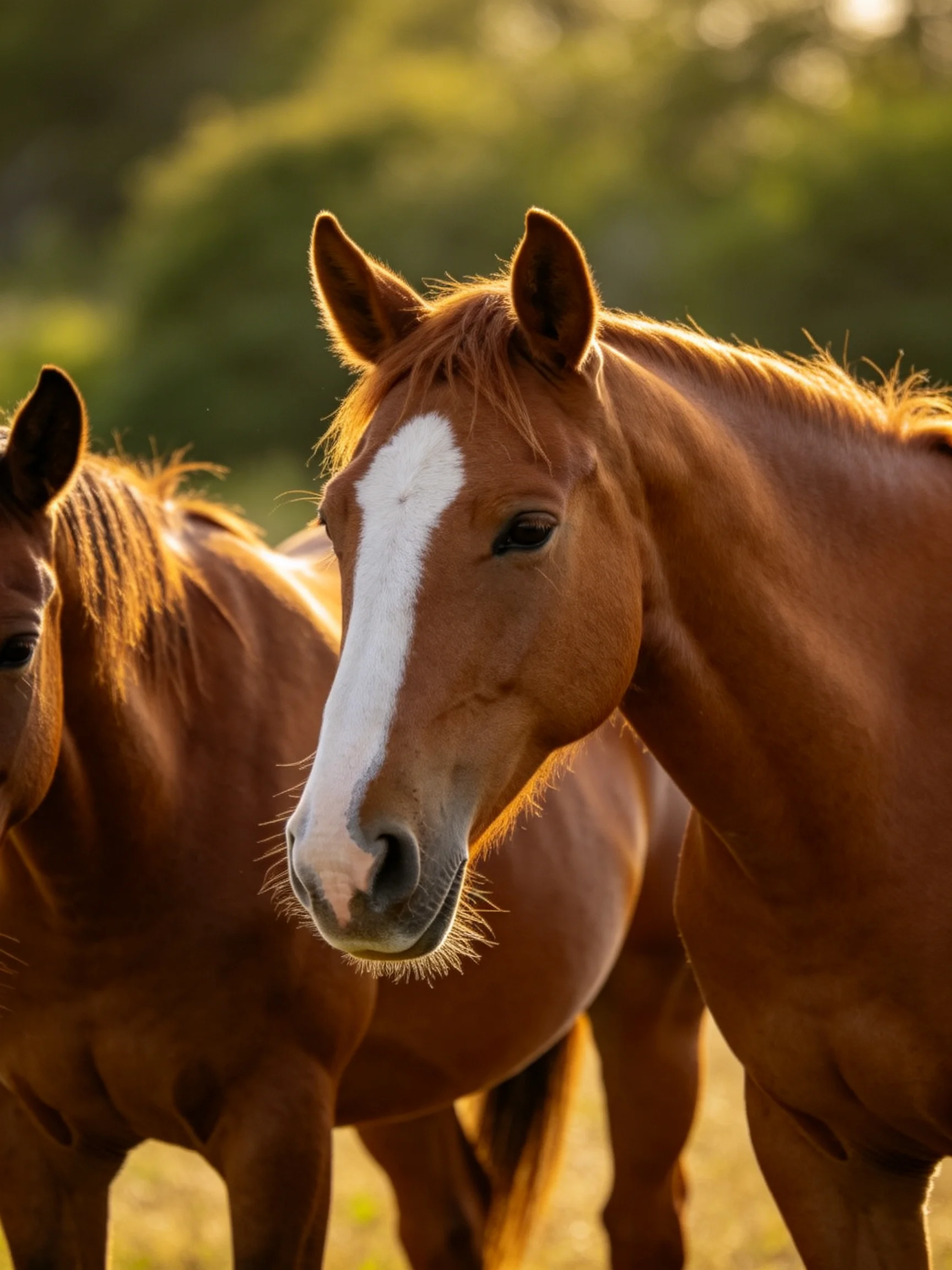 Three chestnut horses stand together in golden light