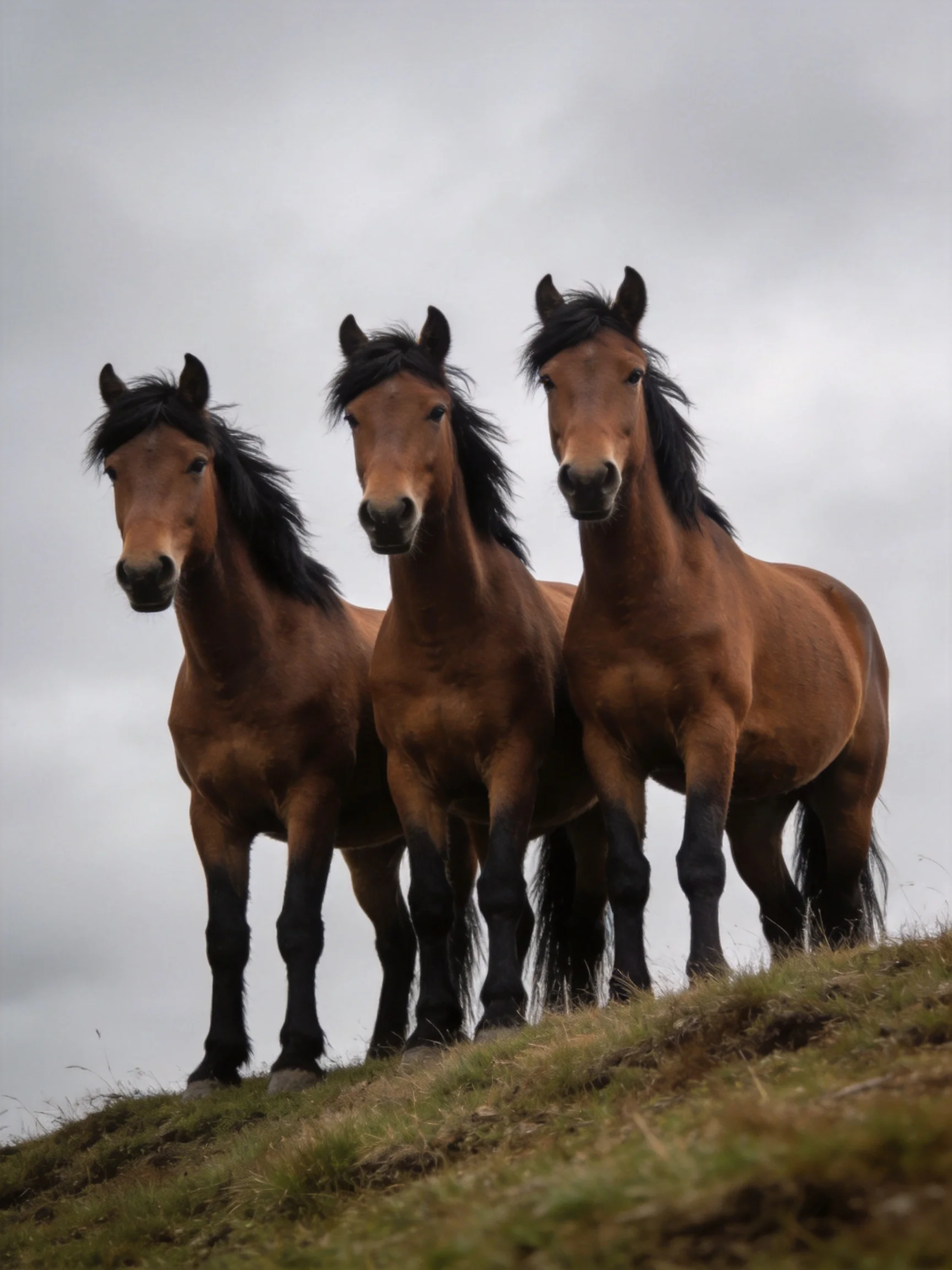 Three chestnut horses gather closely on a grassy hill under an overcast sky