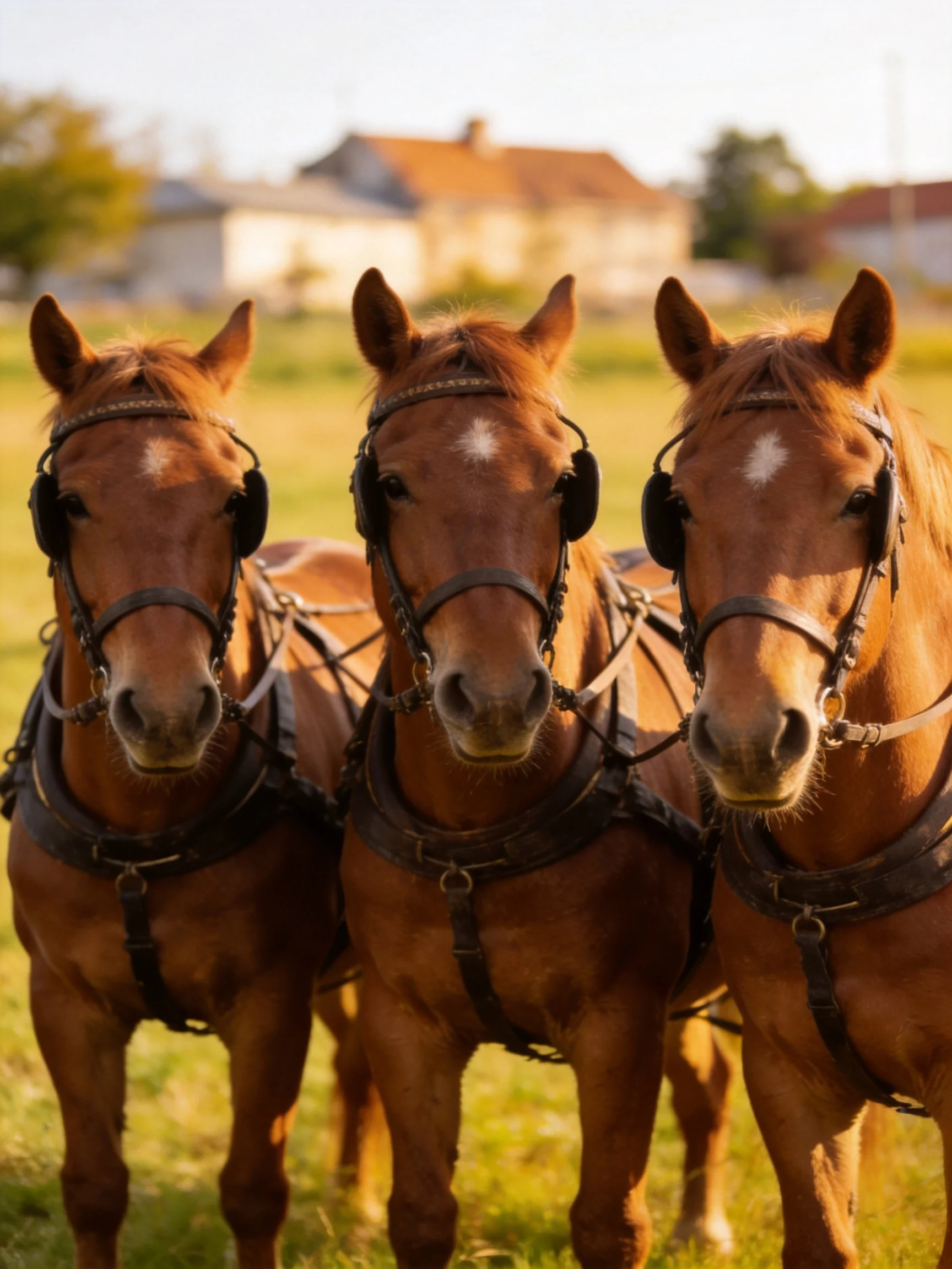 Three chestnut horses with harnesses in a sunlit field