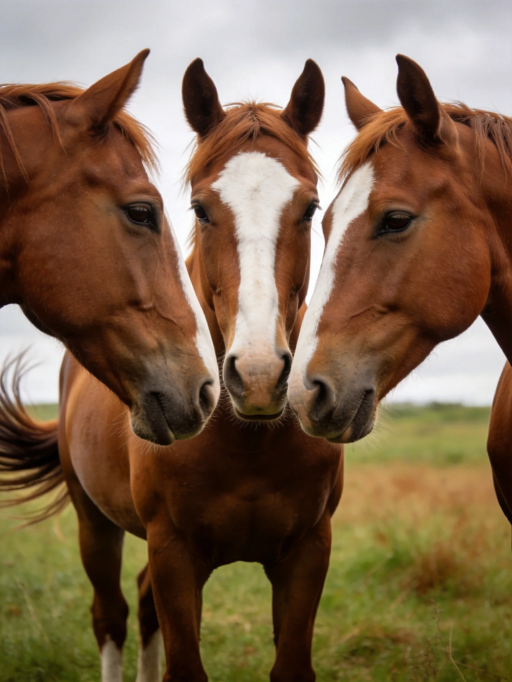Three chestnut horses with white facial markings gather closely in a grassy field