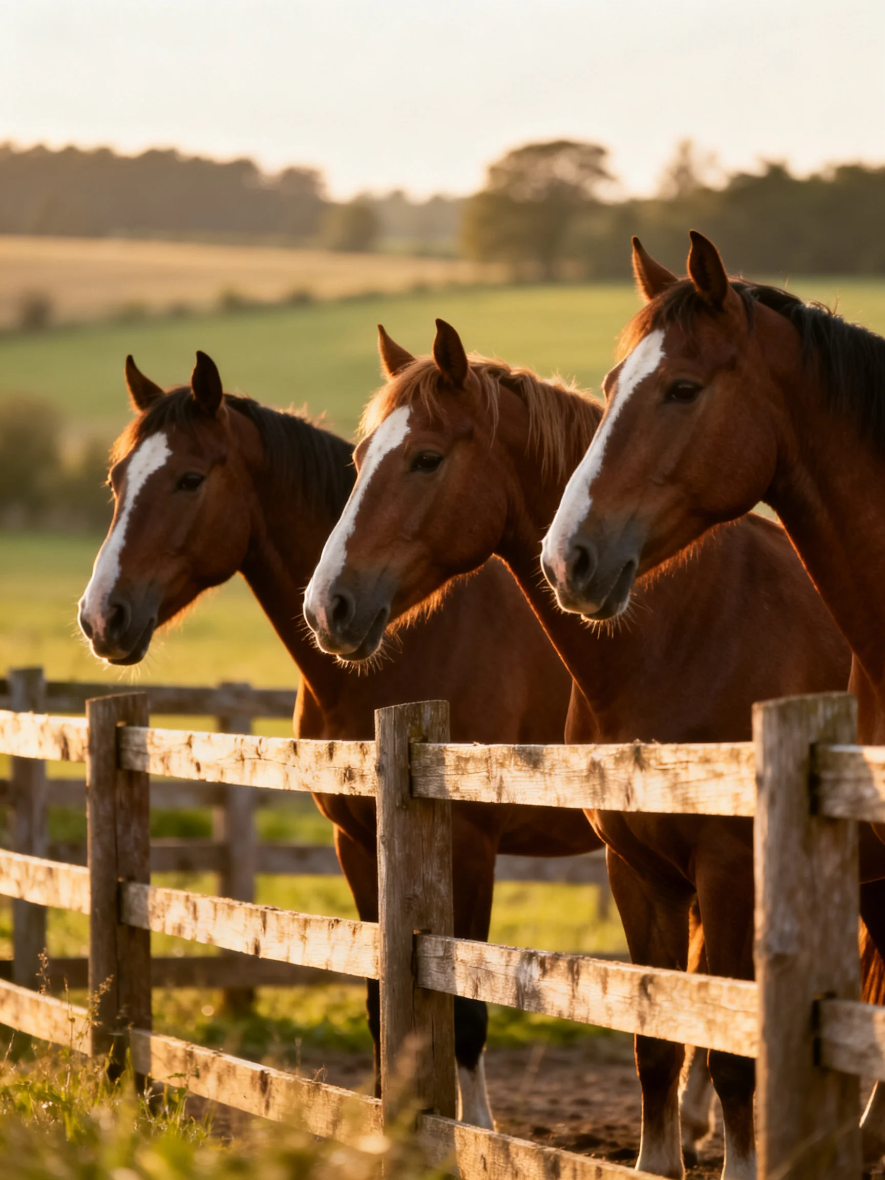 Three chestnut horses with white markings near a weathered wooden fence
