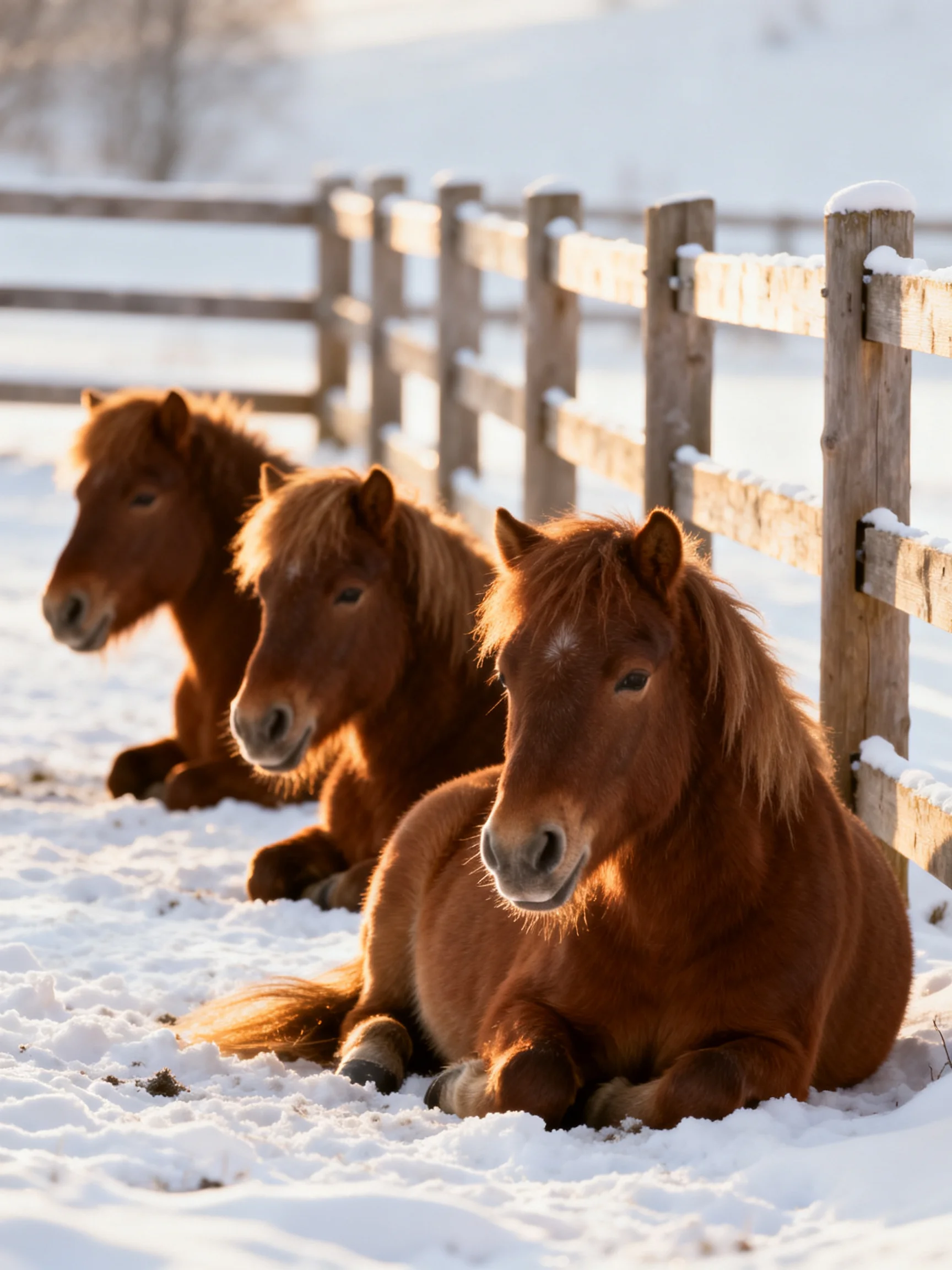 Three chestnut ponies rest near a snow-covered wooden fence
