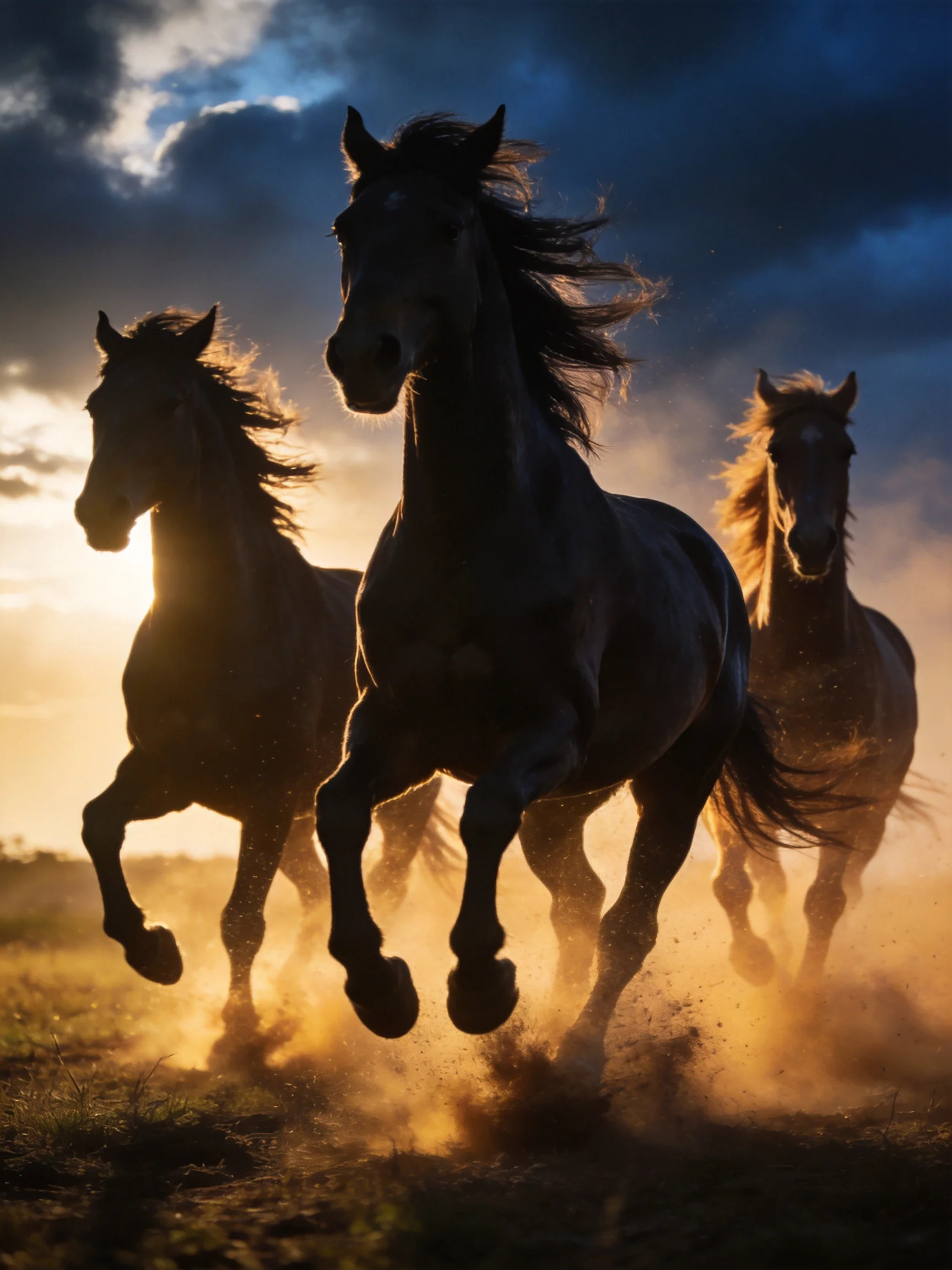 Three dark horses gallop through golden dust under a dramatic sky