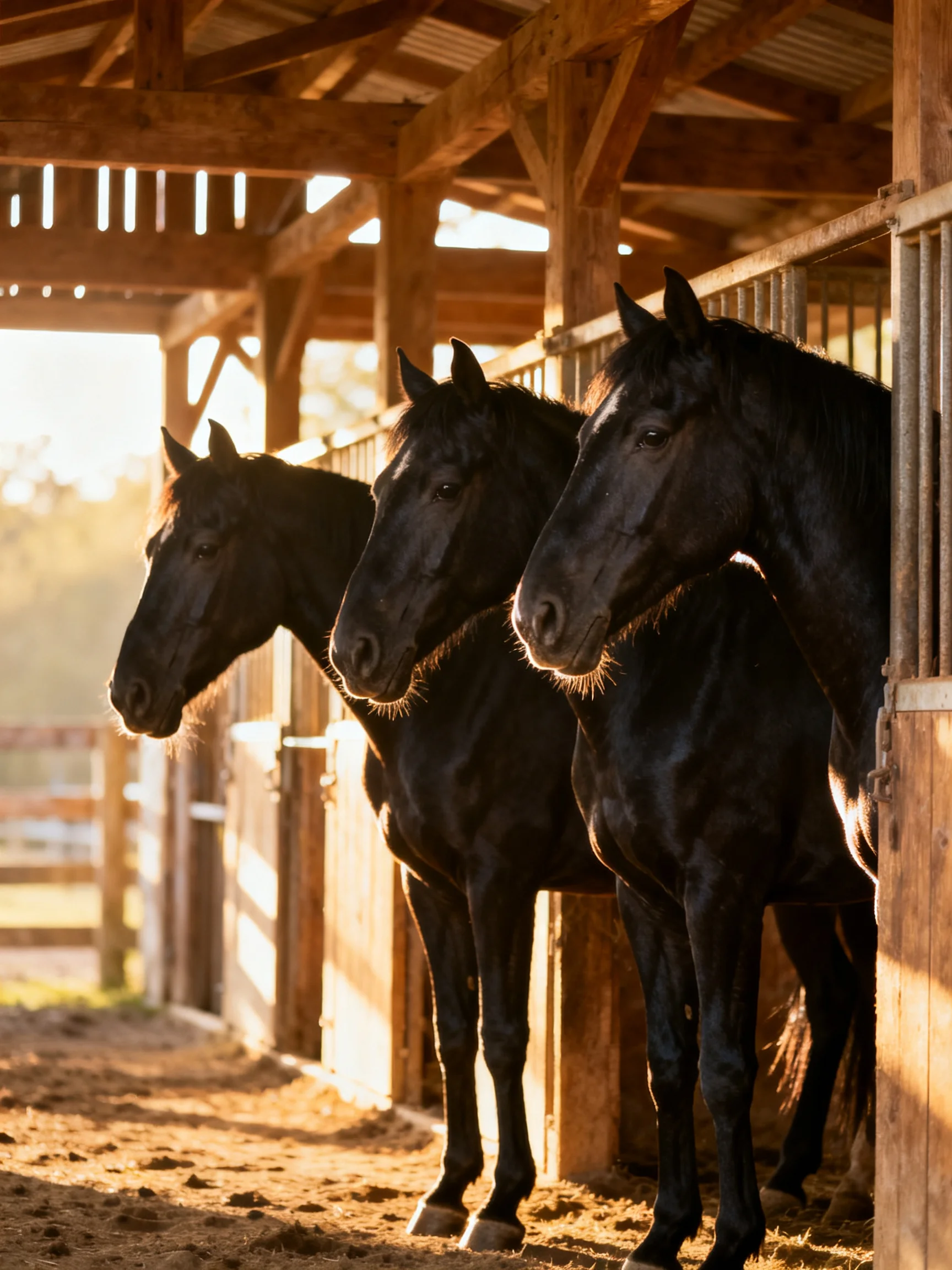 Three glossy black horses in a sunlit wooden stable