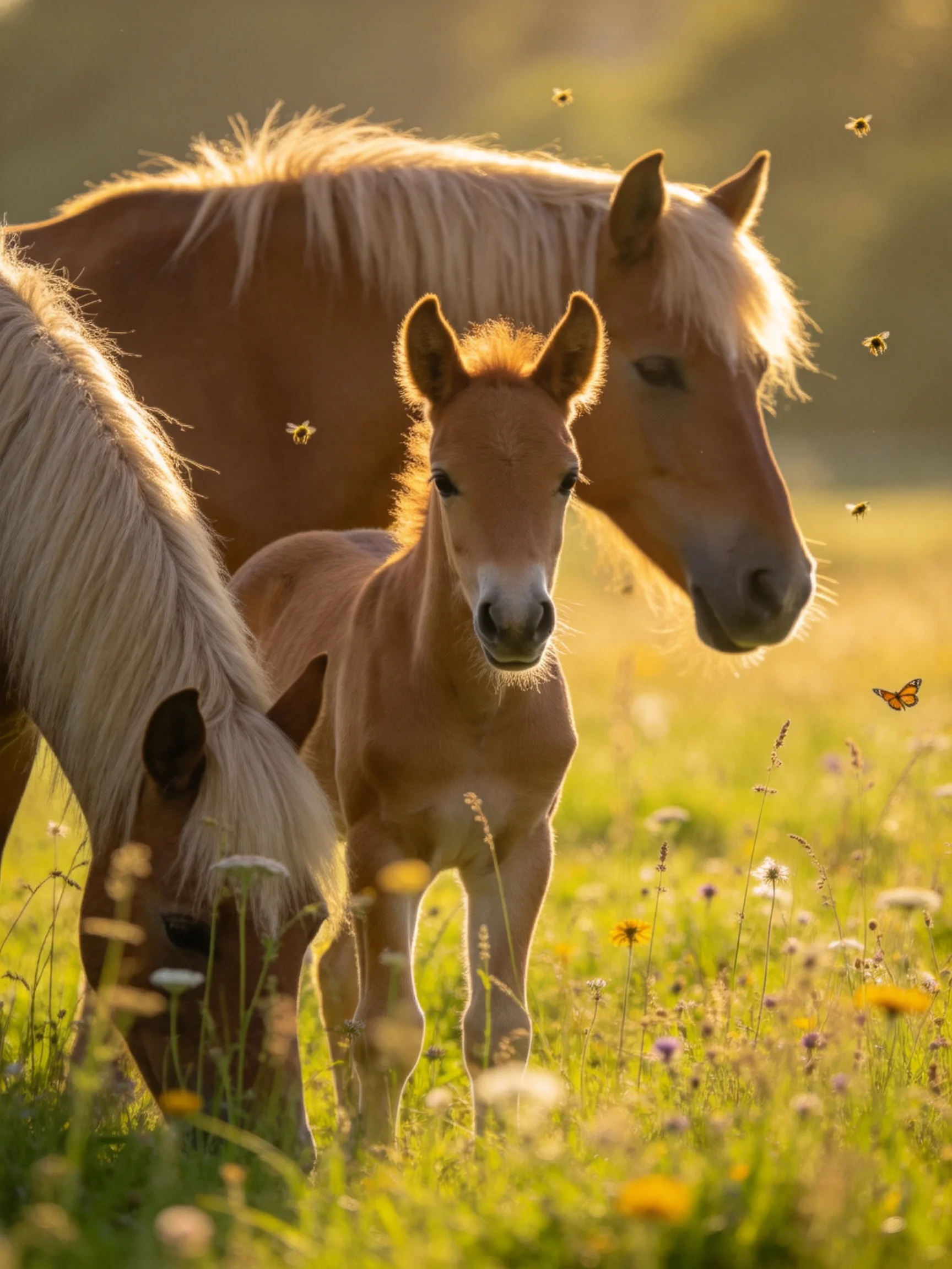 Three golden-maned horses in a sunlit wildflower meadow