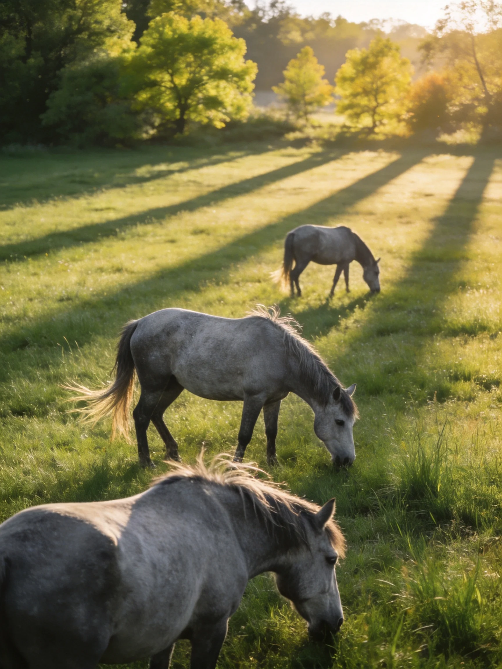 Three gray horses graze in a sunlit green field