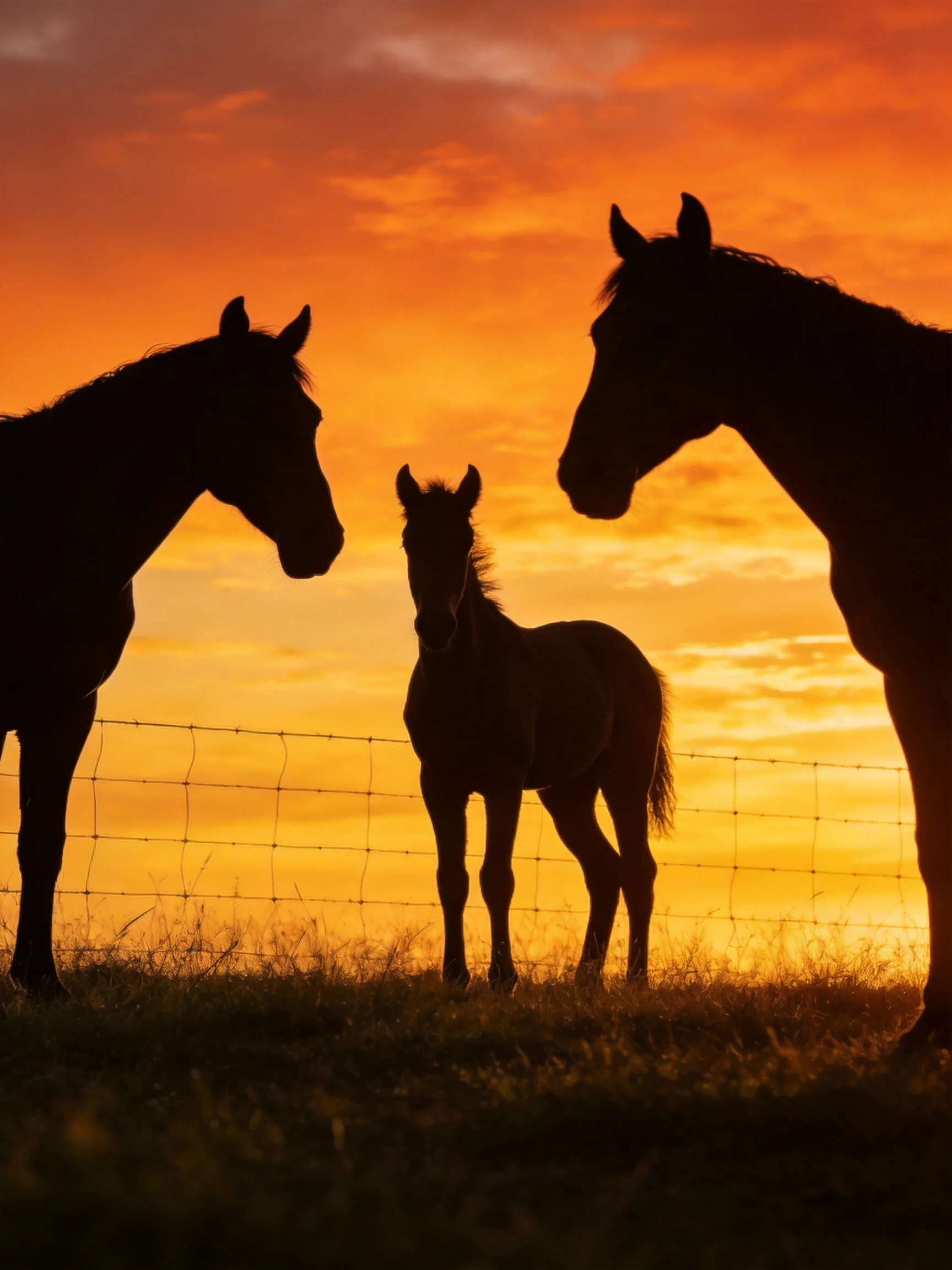 Three horse silhouettes with a foal under a blazing orange-red sunset sky near a wire fence