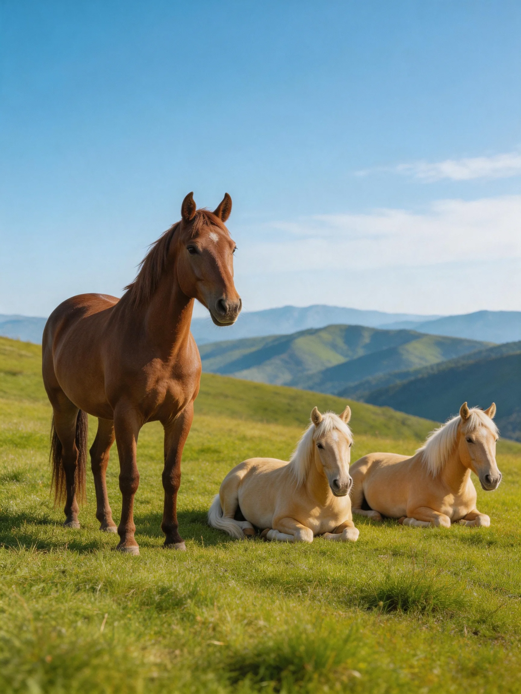 Three horses—a brown one standing, two beige ones resting—on a green meadow with distant mountain