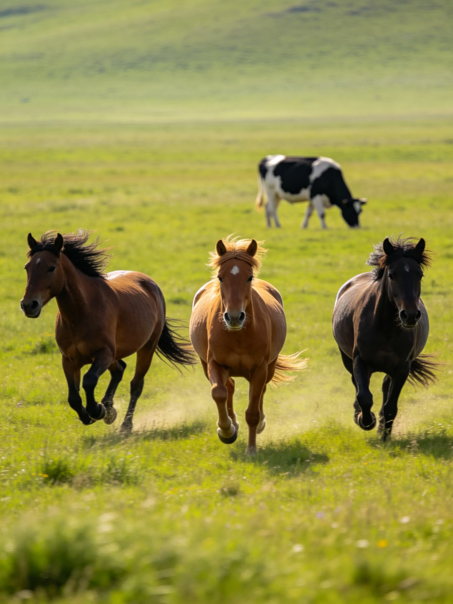 Three horses gallop through a lush meadow with a black-and-white cow grazing